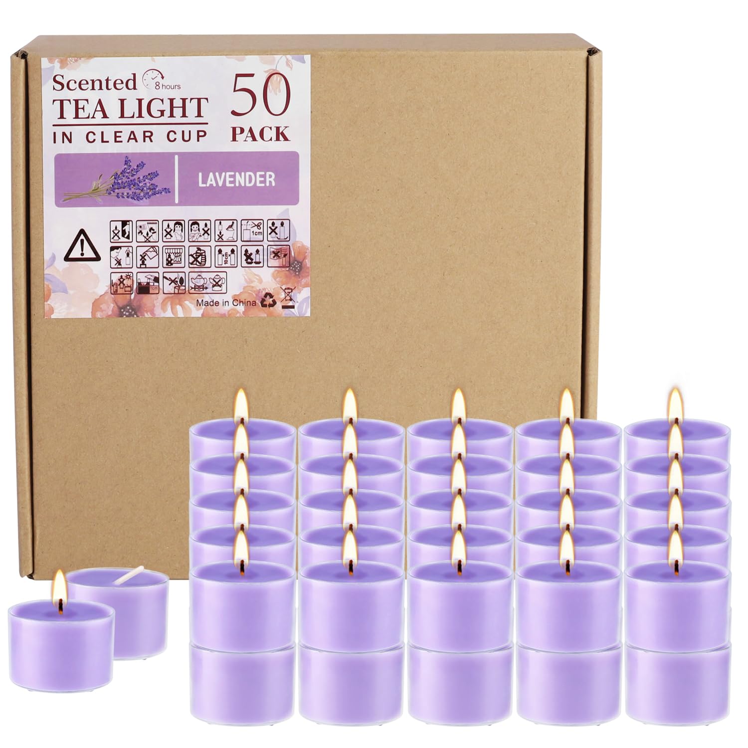 Wfmolcand Lavender Scented Tealight Candles, 50 Pack, 1 inch, Purple Wax, 8 Hour Burn Time, Clear Cup