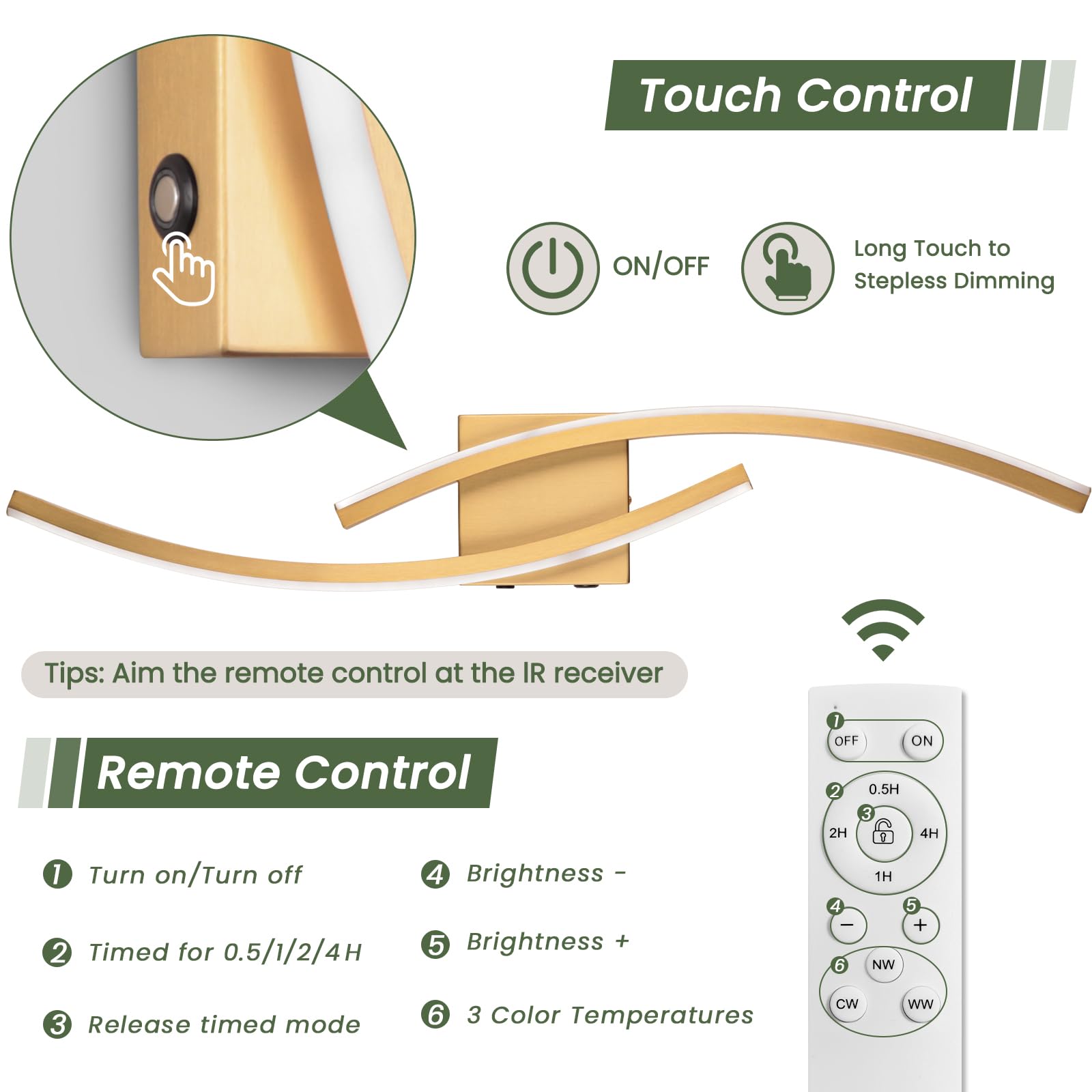 Sovinzert Wall Sconce, Gold LED Light with Remote Control, 3000K-6000K, Rechargeable, 39.3 Inch