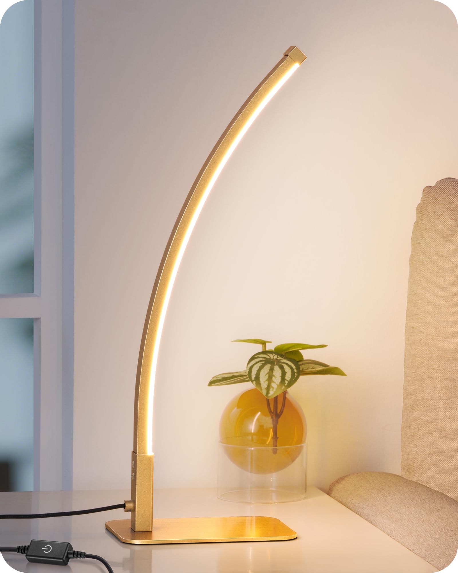 EDISHINE Curved LED Table Lamp  Modern Bedside Lamp with 3 Color Temperature & Stepless Dimming  Aluminum & Iron  Nightstand Lamp for Bedroom  Living Room  Gold