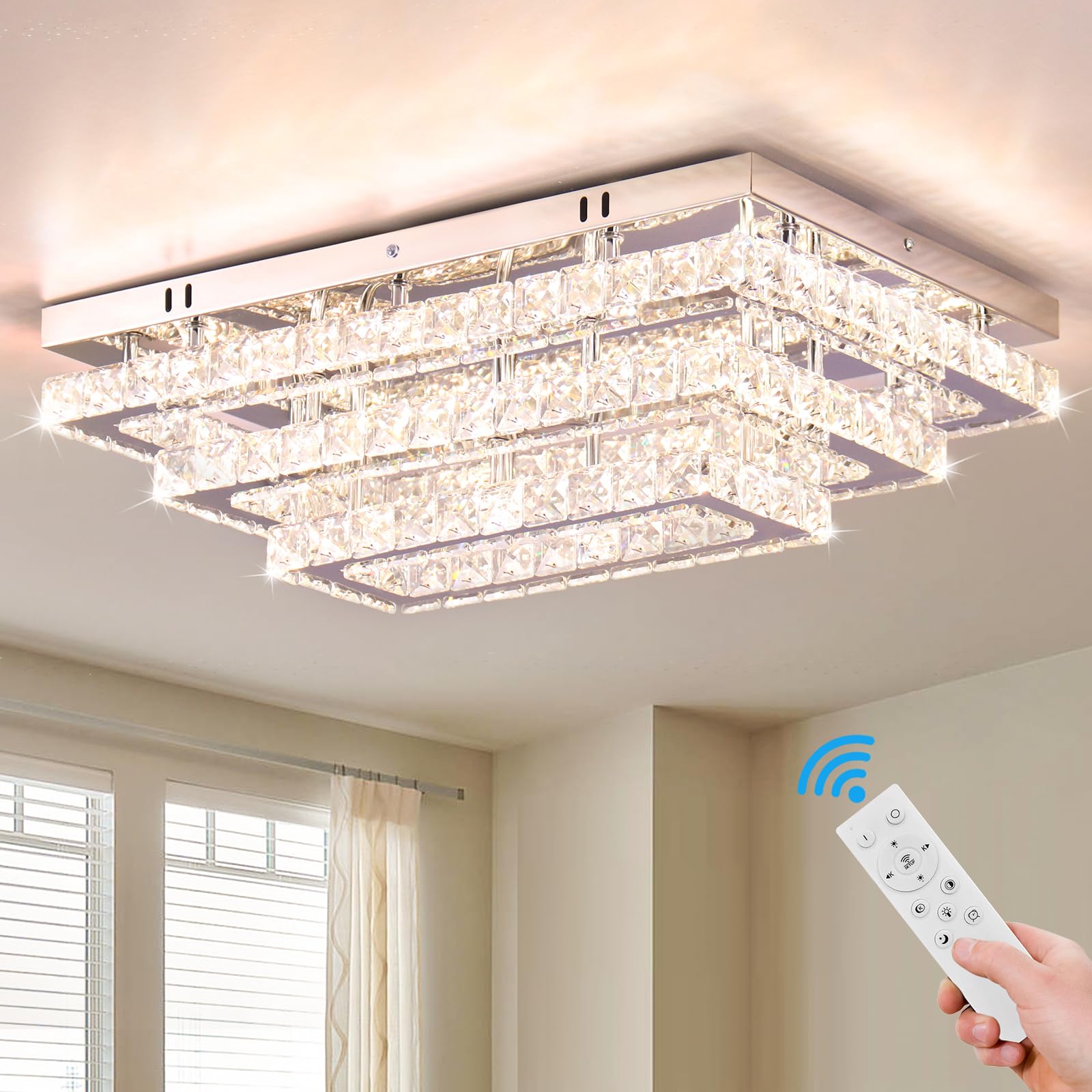 Finktonglan 20&quot; Dimmable Crystal Led Rectangular Flush Mount Chandelier For Living Room/Bedroom