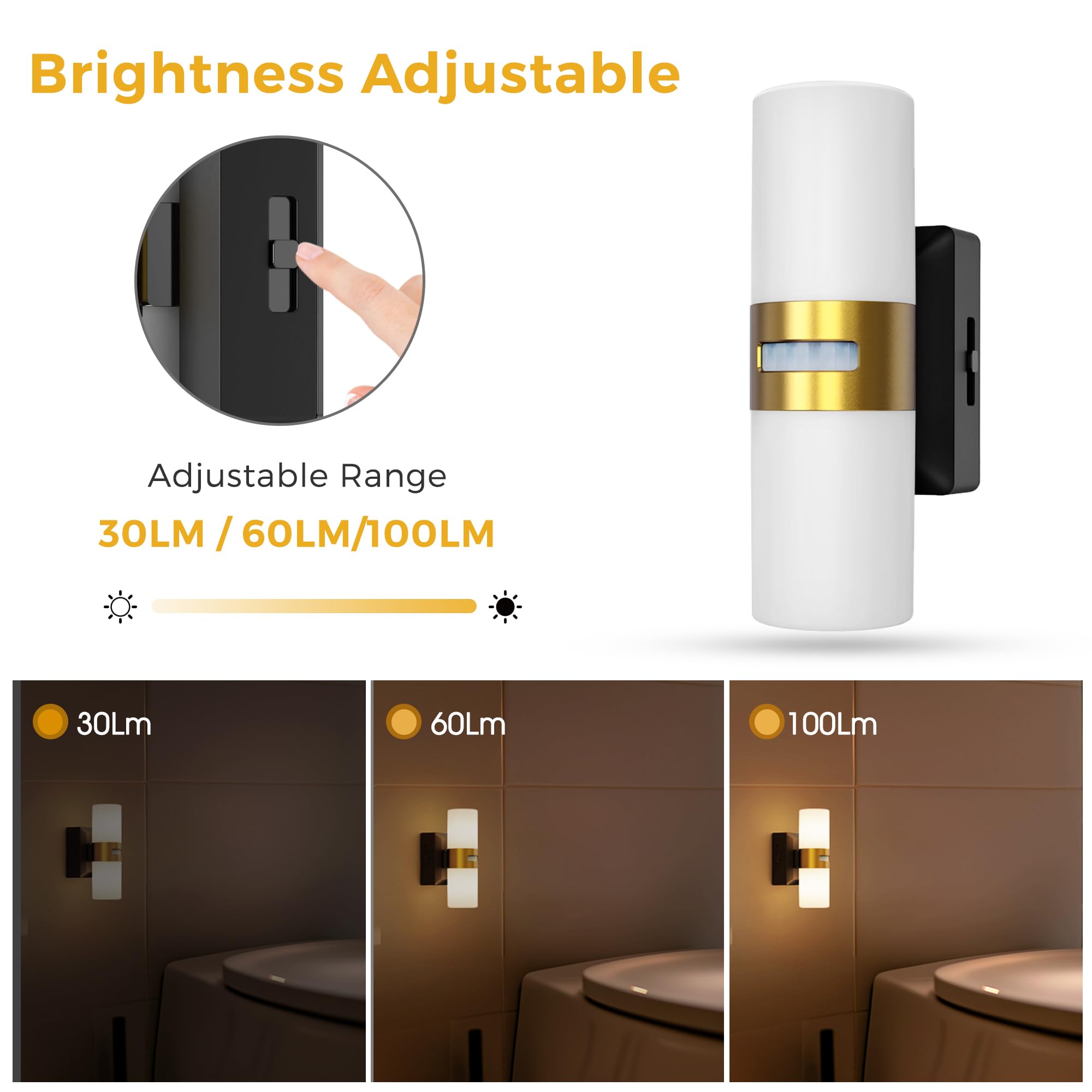 L LOHAS LED Motion Sensor Night Light, Rechargeable, Adjustable Brightness, Gold, Model GY16402BA-3000K, Cordless, 1 Pack
