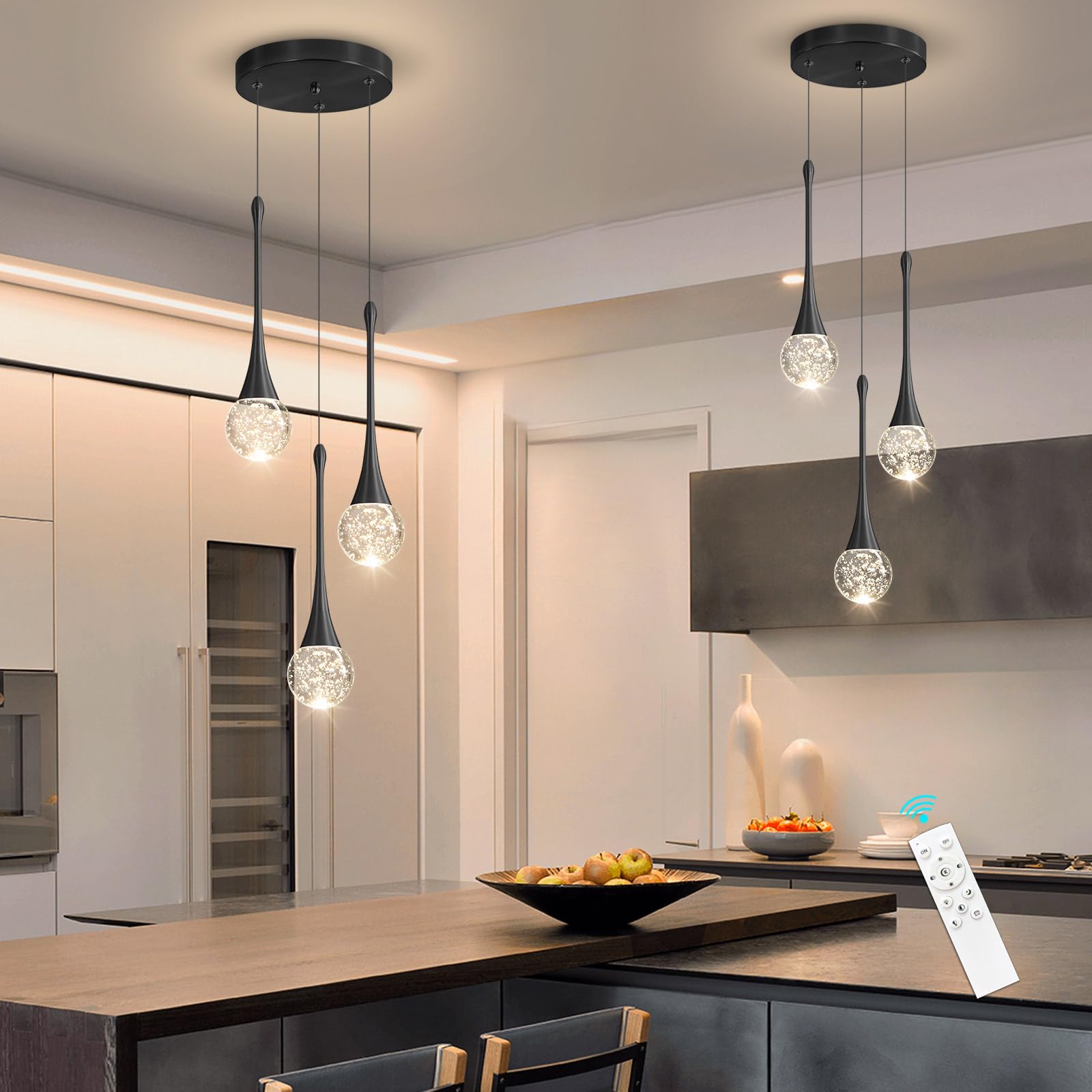 Cenozo 3-Lights Pendant Light - Dimmable Crystal Chandelier for Kitchen Island, Black, Model RS2037-3H