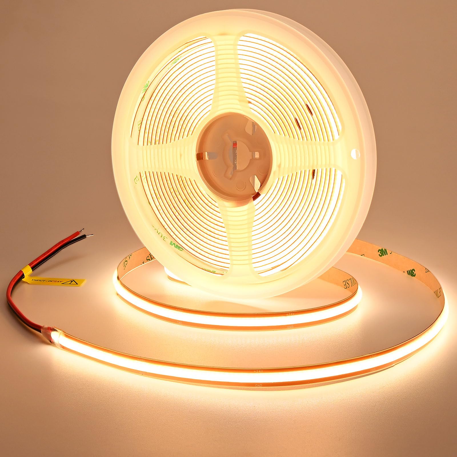 GOMING 24V COB LED Band Light Warm White 3000K Cut at Will 2640LEDs 16.4ft(5M) CRI 93+ 4600lm 13W/M Uniform Glow IP20 Not Waterproof LED Tape Lights for DIY Cabinets Home Decor(No Power Supply)