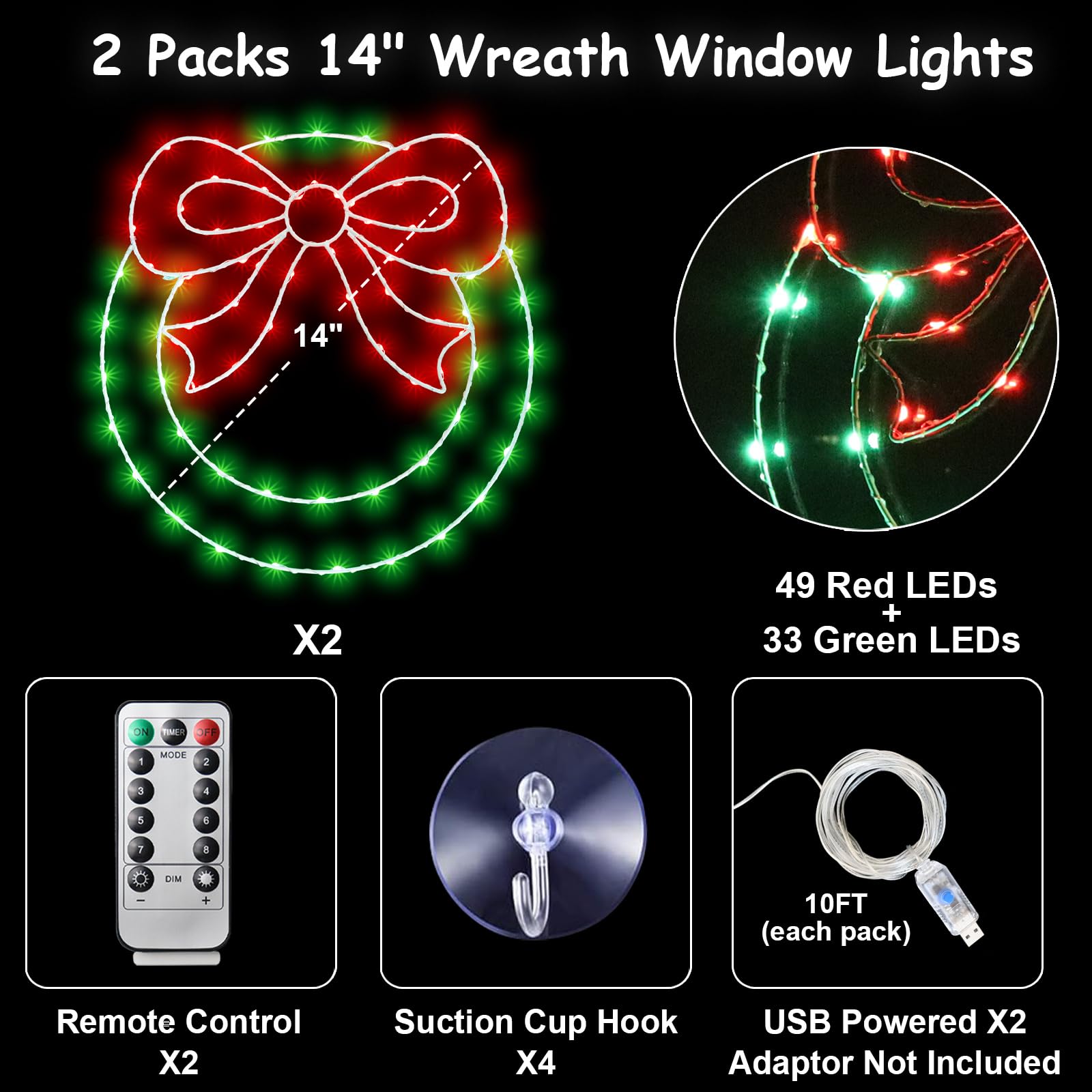 Zimati Christmas Wreath Window Lights Decorations, 2 Packs 14&quot; Christmas Window Lights With Bow, Timer Remote Control Usb Powered Window Silhouette Lights For Door Home Winter Xmas Party
