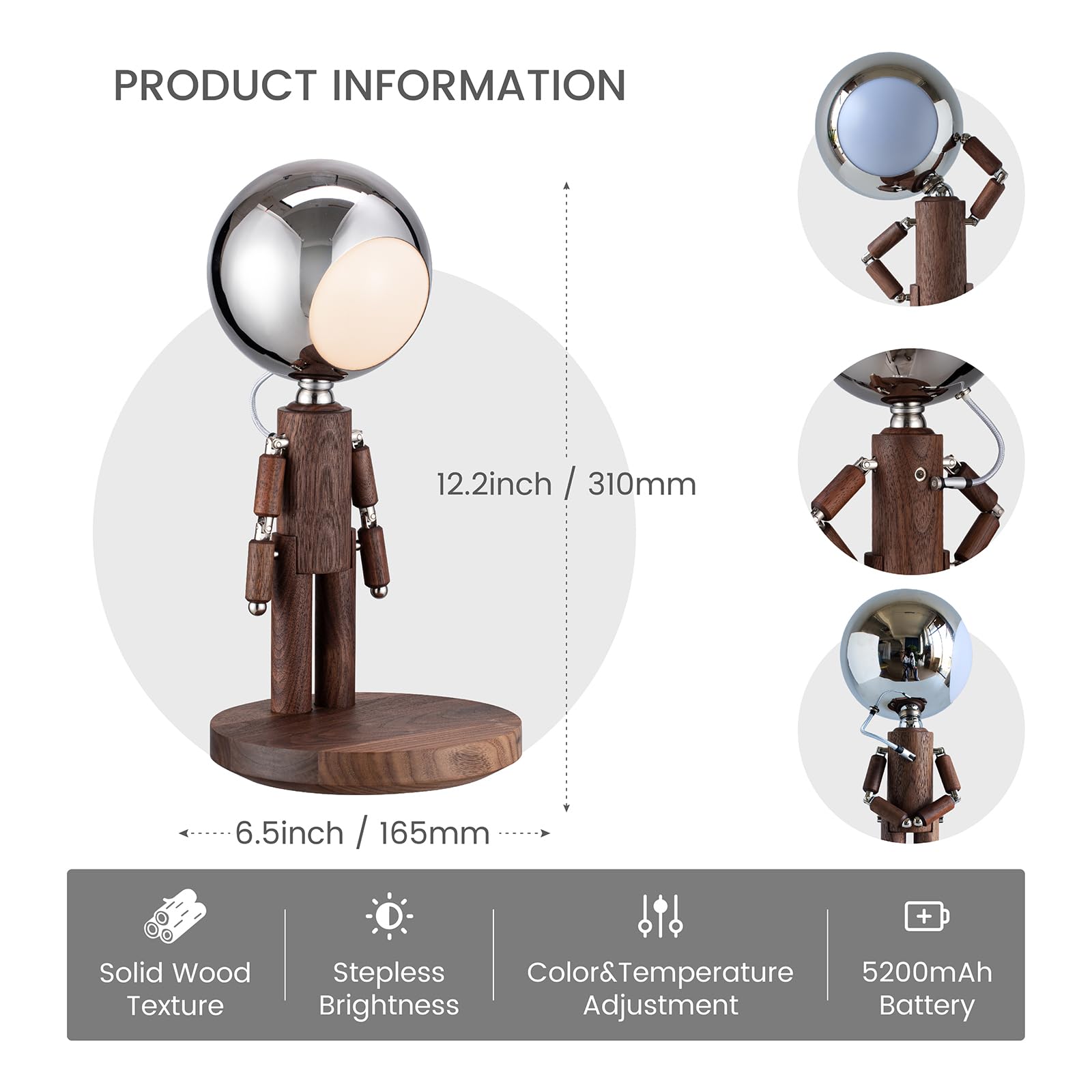 Vadifula Cordless Table Lamp  Rechargeable Wooden Table Lamp With Touch Control & Adjustable Brightness  Cordless Decorative Bedside Lamp For Bedroom  Home Decor & Unique Gifts  Black Walnut