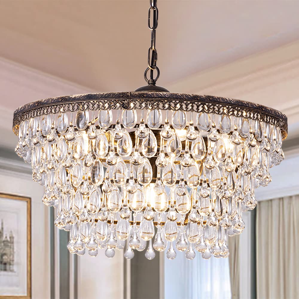 Wellmet Crystal Chandelier, 6-Light 5 Tiers Farmhouse Bronze Ceiling Lighting Fixture, Modern Foyer Dining Room Chandeliers For 