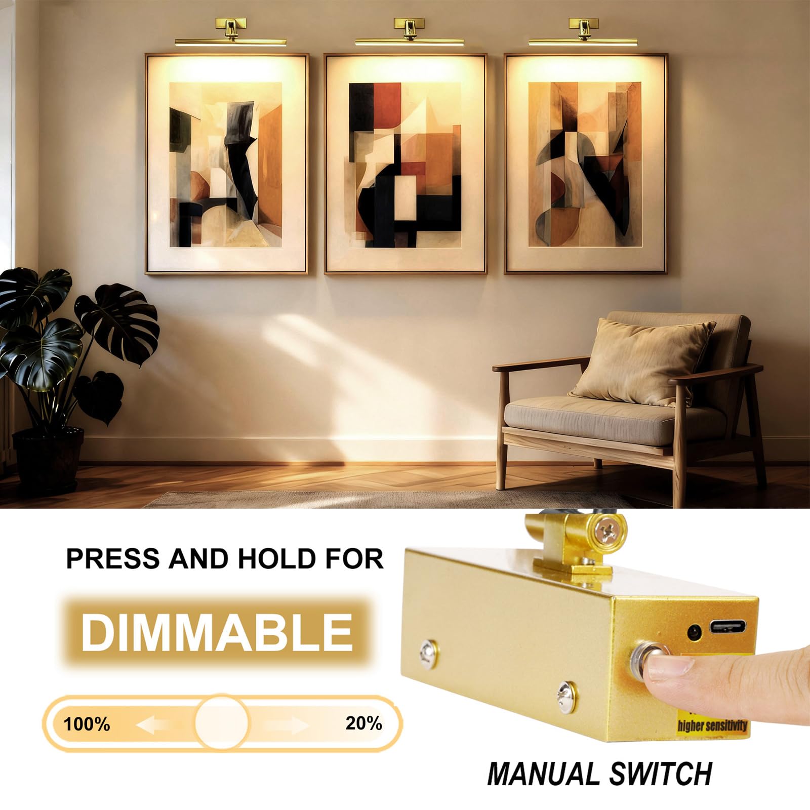 Yuichoy 3 Pack Picture Light Battery Operated For Wall  16 Wireless Display Art Lighting For discomfort-reducingting With Remote  Dimmable 5200Mah Library Light  Gold Picture Frame Lights For Gallery