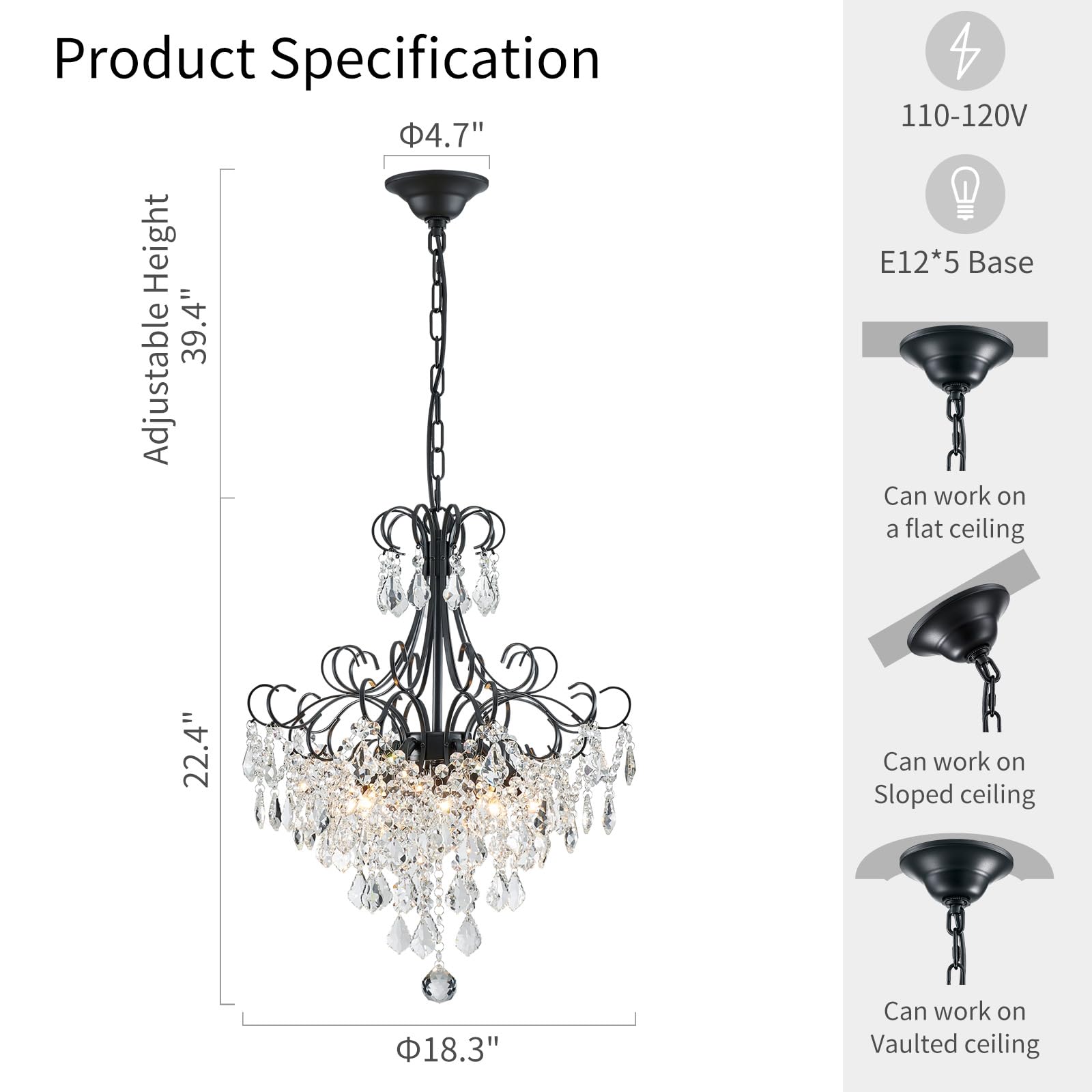 WUZUPS 5-Light Crystal Chandelier Pendant Light, Black Metal, 22.4" H x 18.3" W, Modern Fixture for Dining Room, Hallway, Kitchen, Bathroom
