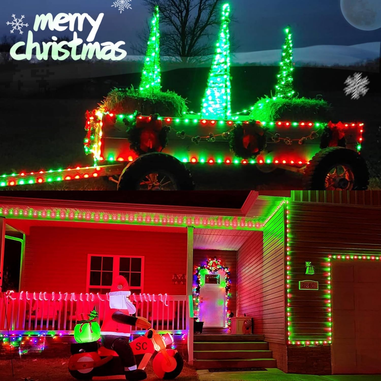 Qitong 2 Pack Red And Green Solar Rope Lights, Each 33Ft 100 Led Solar Christmas Lights Outdoor, 8 Modes Clear Pvc Tube Solar St