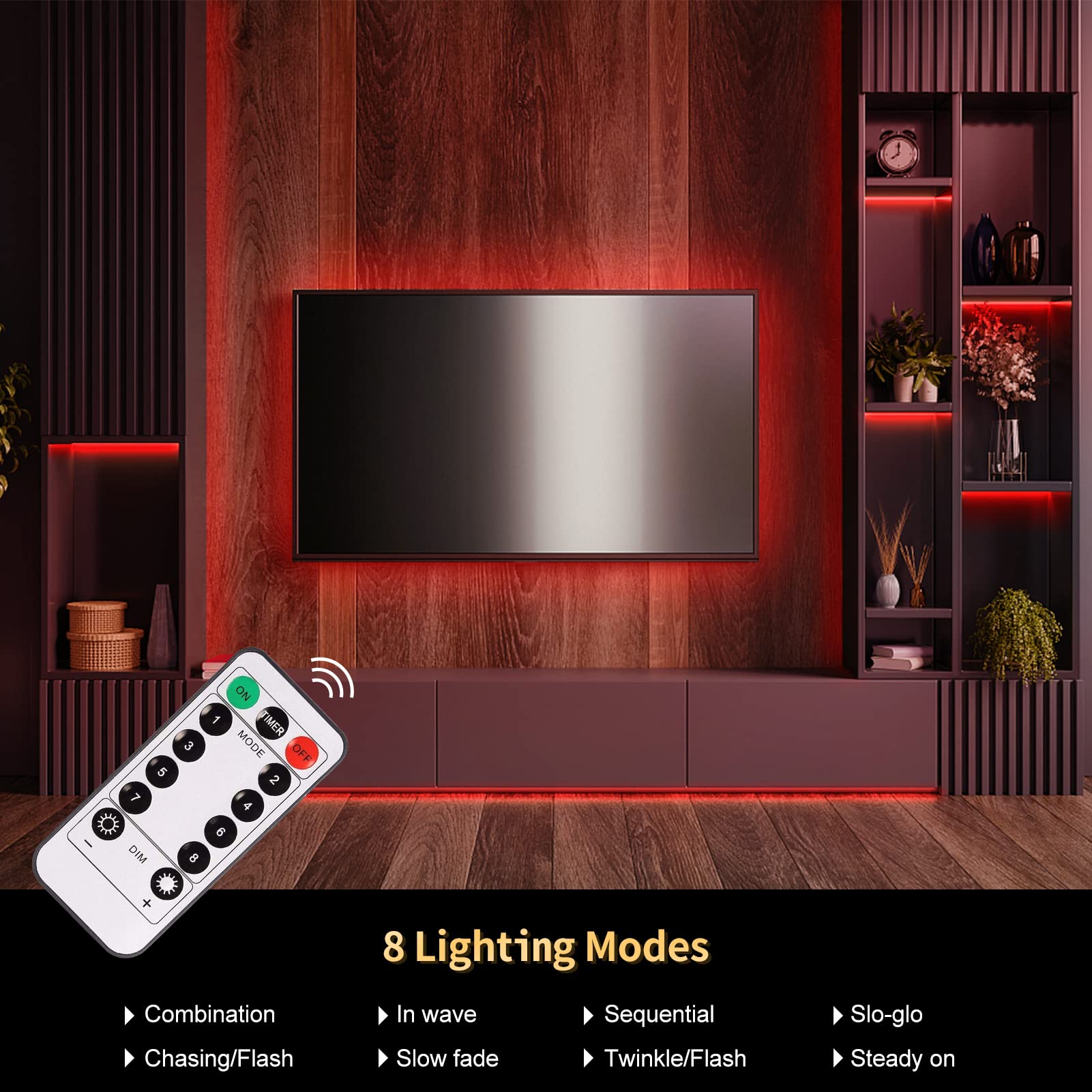 Echosari Led Strip Lights Battery Powered, 90 Led Red 2835 Smd Strip Lights 9.8 Ft Cuttable Self-Adhesive Strip Lights With Remote Timer For Outdoor Indoor Party Bedroom Decoration