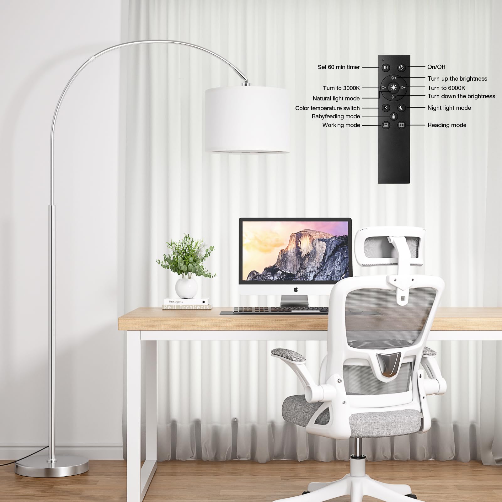Ambimall 70 Dimmable Arc Floor Lamp with Remote, Color Temperatures and Brightness Adjustable, Arched Floor Lamp with Rotating H