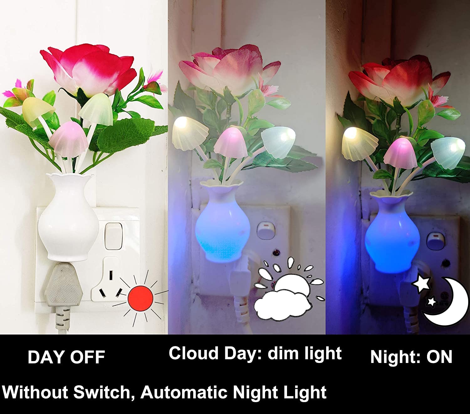 Ausaye 4 Pack Sensor Led Night Light Plug-In Nightlight, Color Changing Mushroom Lamp Flower Night Lights For Kids Adults Bedroo
