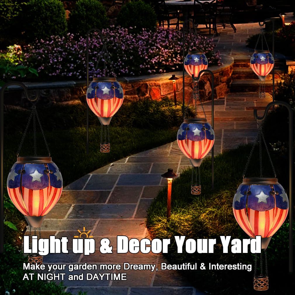 Hot Air Balloon Solar Lantern - U.S Flag Patriotic Glass Lantern  Simulated Flickering & Dancing Flame  Outdoor Hanging Yard Light Waterproof Ip65  Ideal 4Th Of July Gift For Patriot Patio Decor