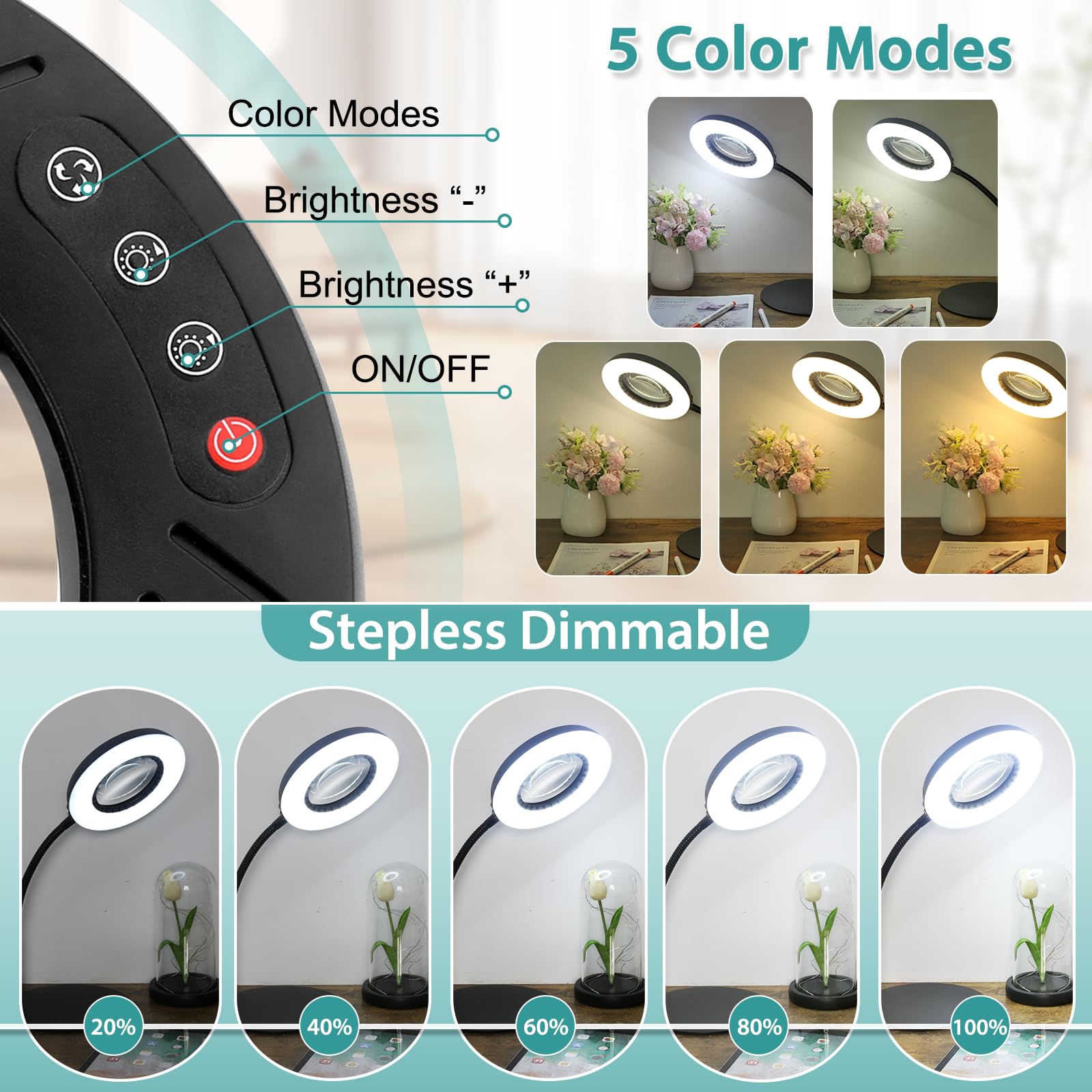 Coteck 10X Magnifying Glass With Light And Stand, Flexible Gooseneck Magnifying Desk Lamp, 5 Color Modes Stepless Dimmable, Hand