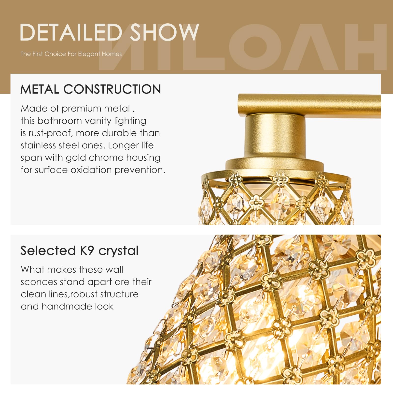 Niloah 3 Light Gold Vanity Light Fixtures, Modern Farmhouse Vanity Light, Bathroom Lights Over Mirror,Crystal Vanity Lighting Fixtures For Bathroom,Powder Room