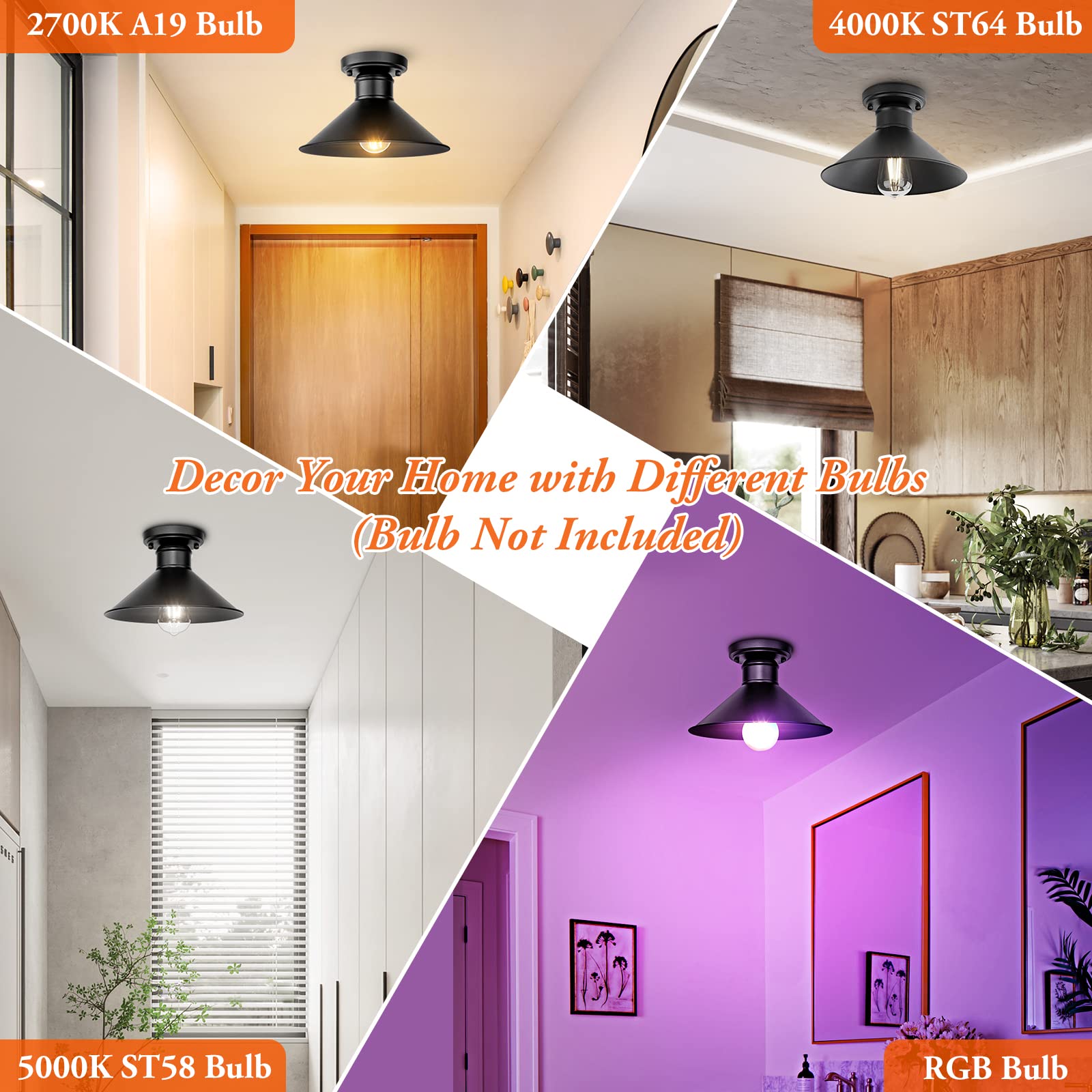 Brightever Industrial Semi Flush Mount Ceiling Lights, Matte Black, Metal, 2 Count, Model X10004P