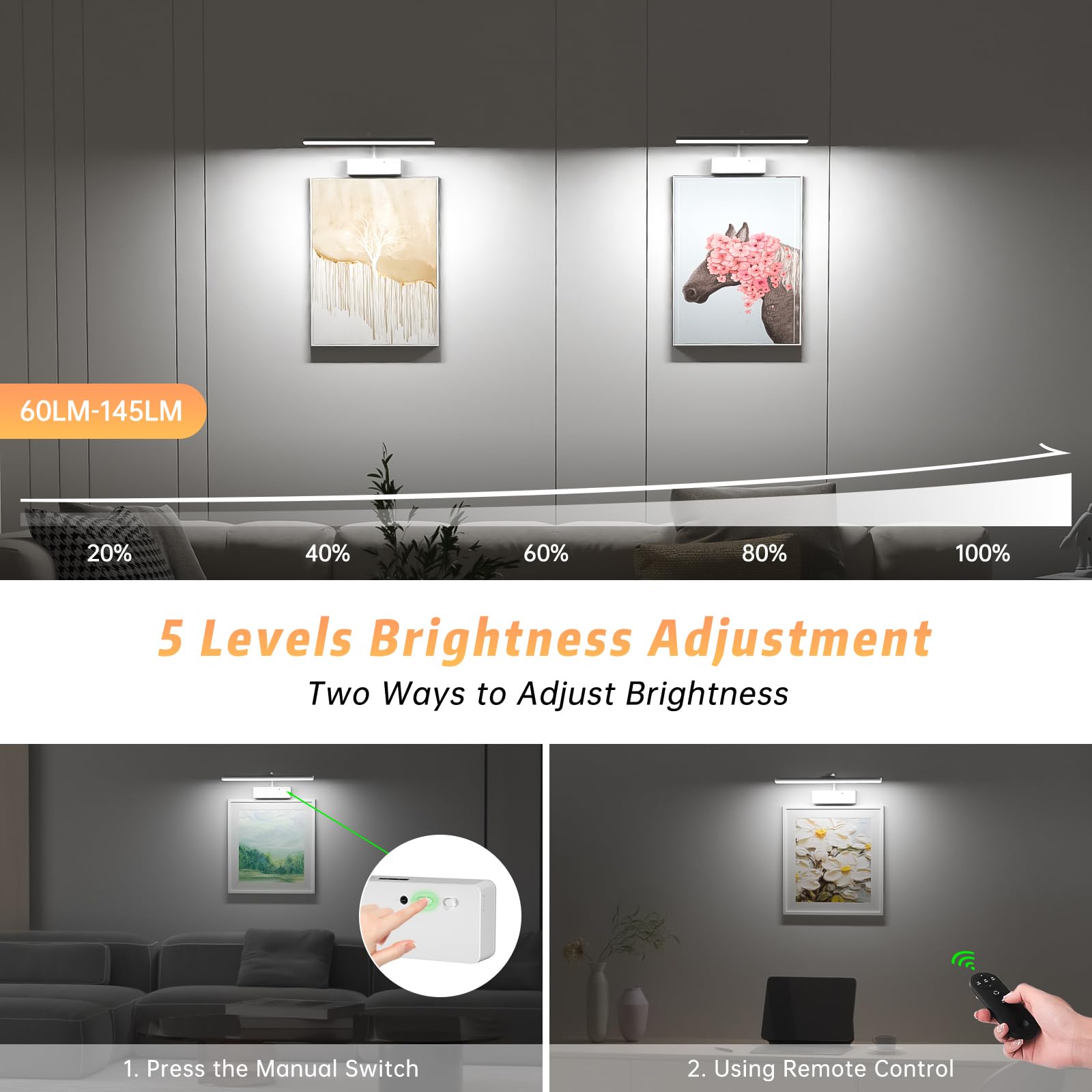 Lightbiz 15.35 Wireless Rechargeable Picture Light with Remote, Dimmable 3-Color Metal Wall Light for Artwork - White