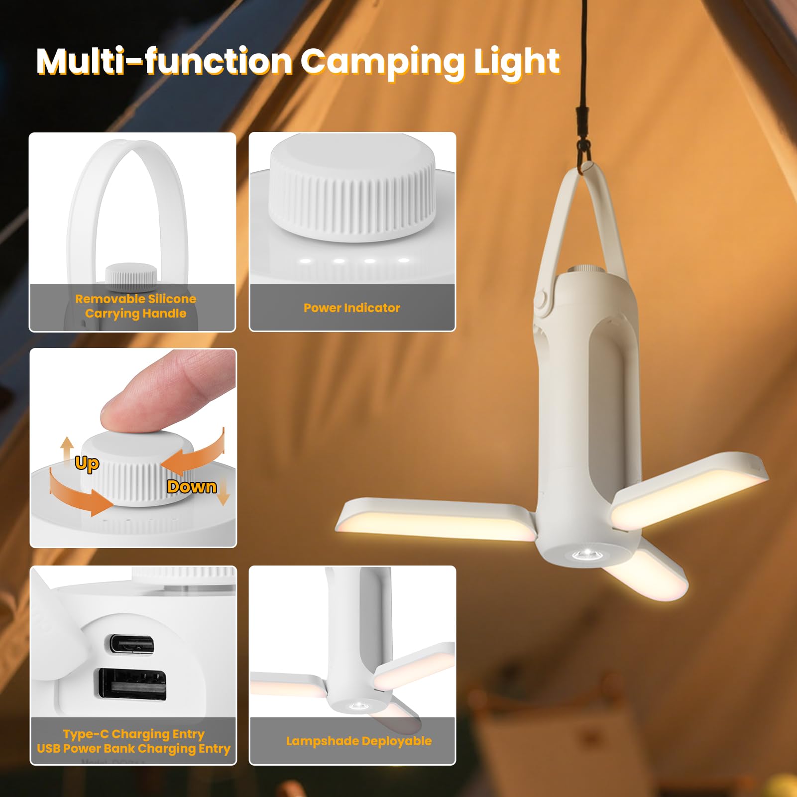 CHEE MONG 4-in-1 Camping Lantern, 10000mAh Power Bank, SOS Flashlight, 360° LED Light, White, Model DQ311