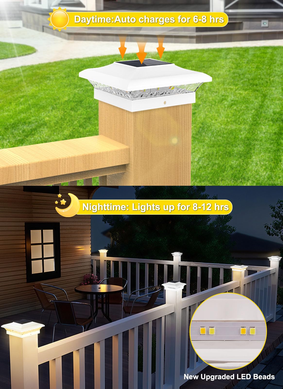 T-Sun 4X4 Post Cap Lights 12 Pack For Vinyl/Wooden Fence Auto Dusk To Dawn Outdoor Waterproof Warm & Cool White Solar Powered Deck/Patio Lighting