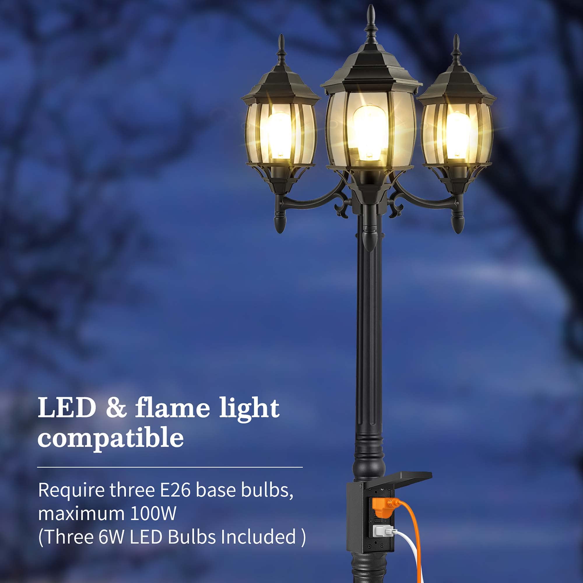 PARTPHONER Outdoor Lamp Post Light with GFCI Outlet, 3-Head, Black, Aluminum, Model PL004, 3 LED Bulbs Included
