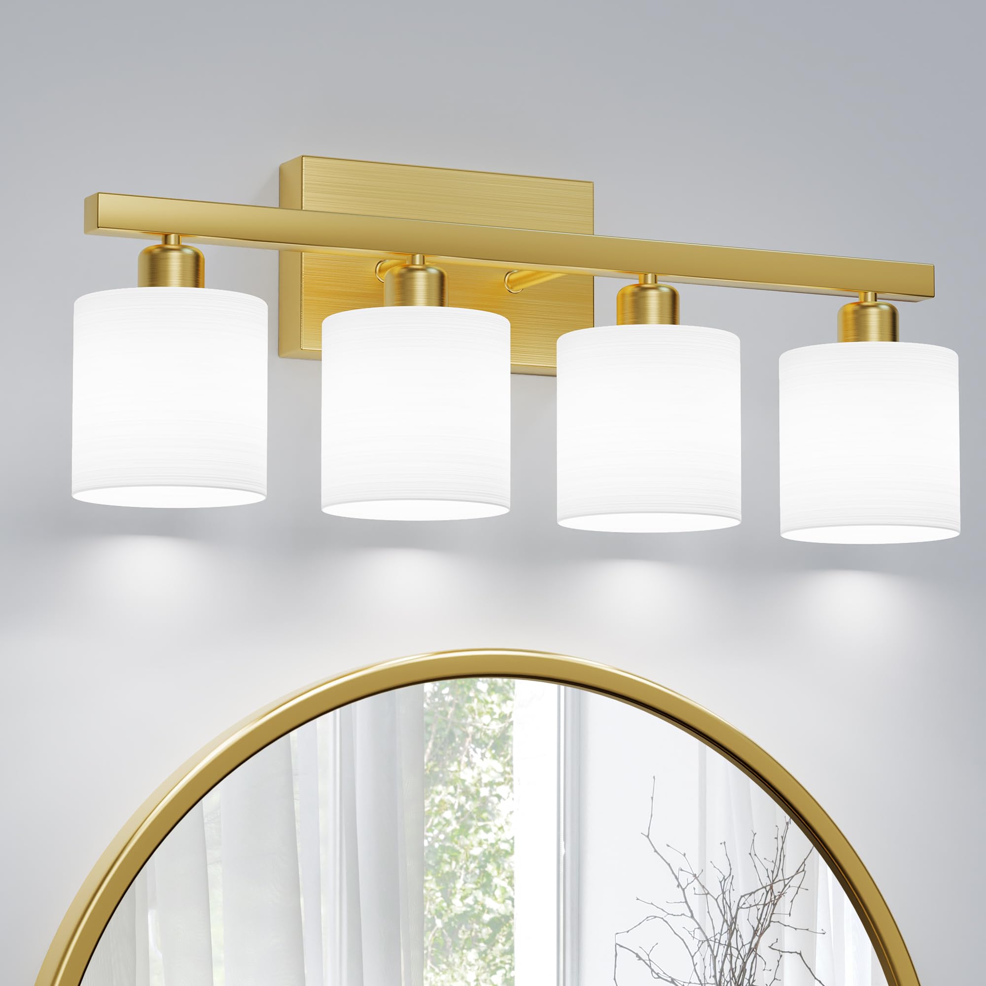 PARTPHONER Bathroom Light Fixtures, 4-Light Vanity Light, Brushed Gold, Textured White Glass Shade, Model PAWL201AJ1