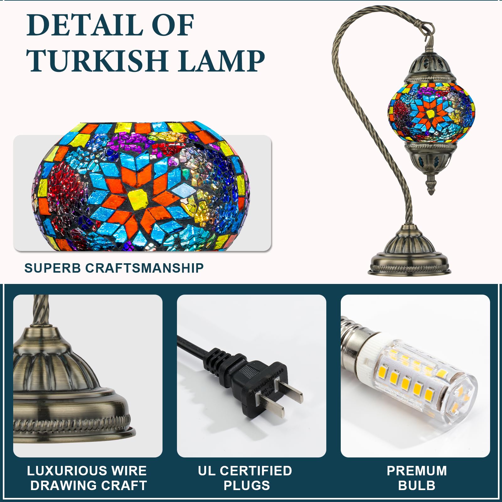 Marrakech Turkish Lamp Moroccan Lamp Mosaic Glass Table Lamp, Handmade Turkish Mosaic Light With Swan Neck Bronze Base Including