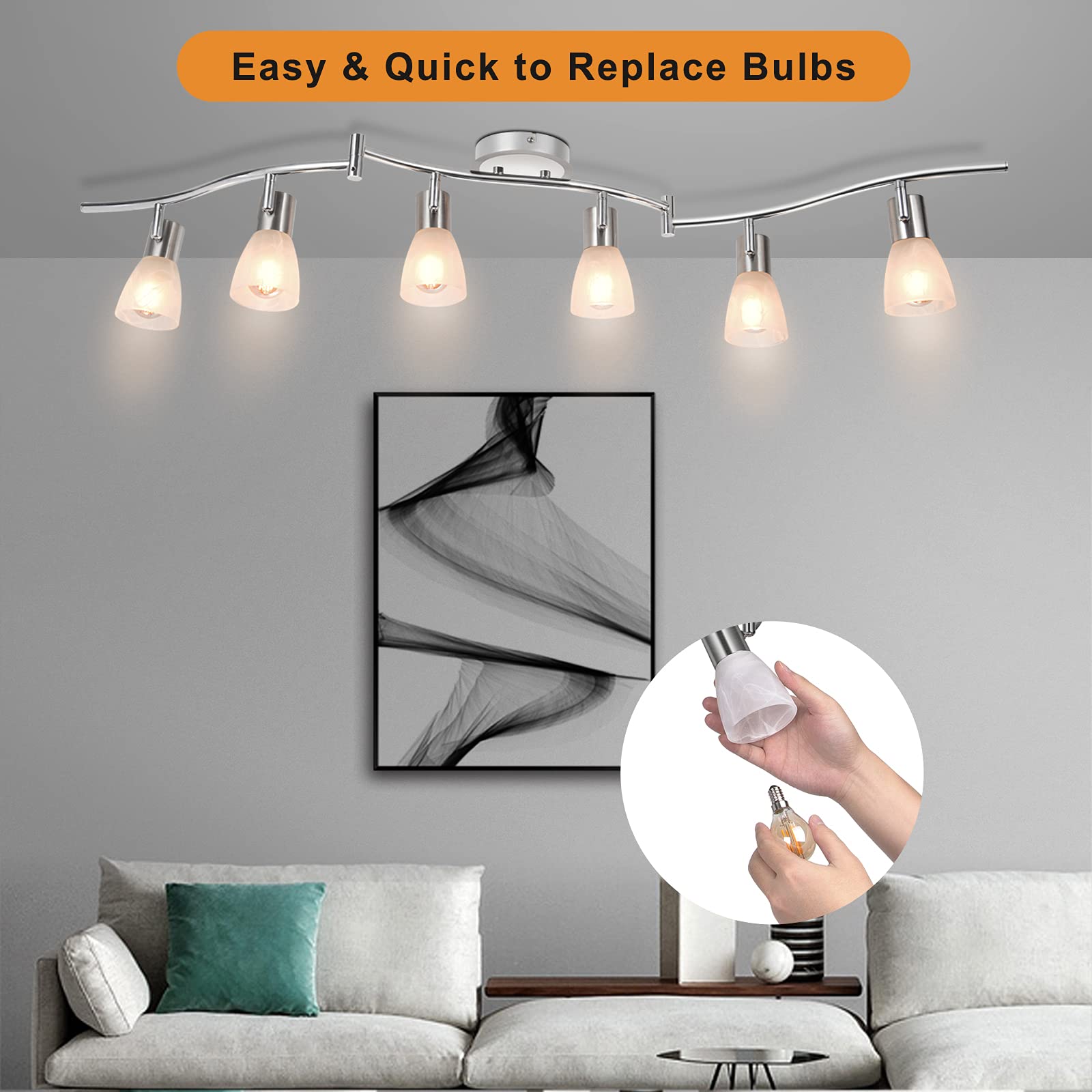 HiBay 6-Light Adjustable LED Track Lighting Fixture, Modern Metal Spotlight with Glass Shade, E12 Base, Kitchen & Living Room, No Bulbs Included