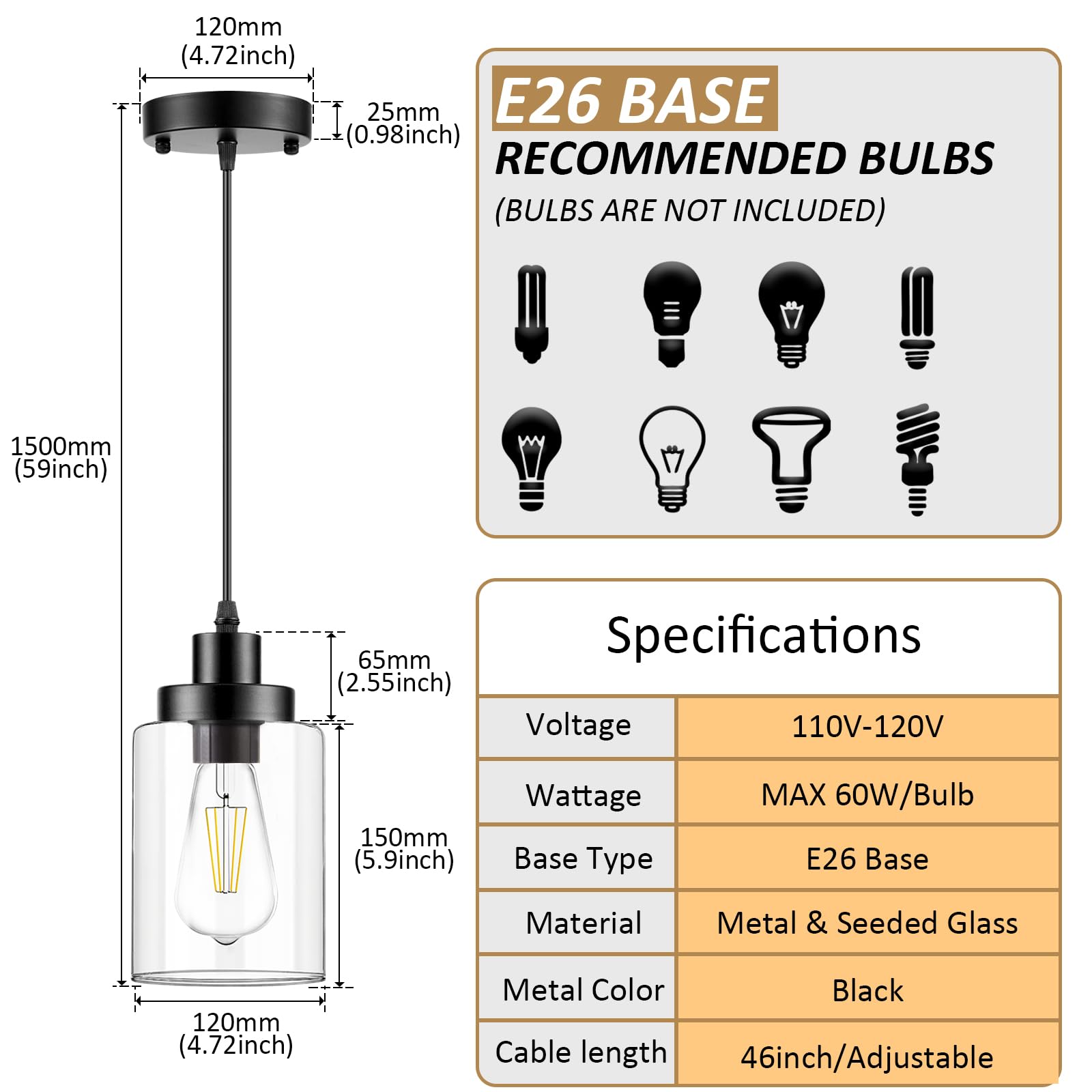 WimiSom Industrial Pendant Lighting, Modern Glass Shade, Hardwire-Black, Adjustable, 3-Pack, Black