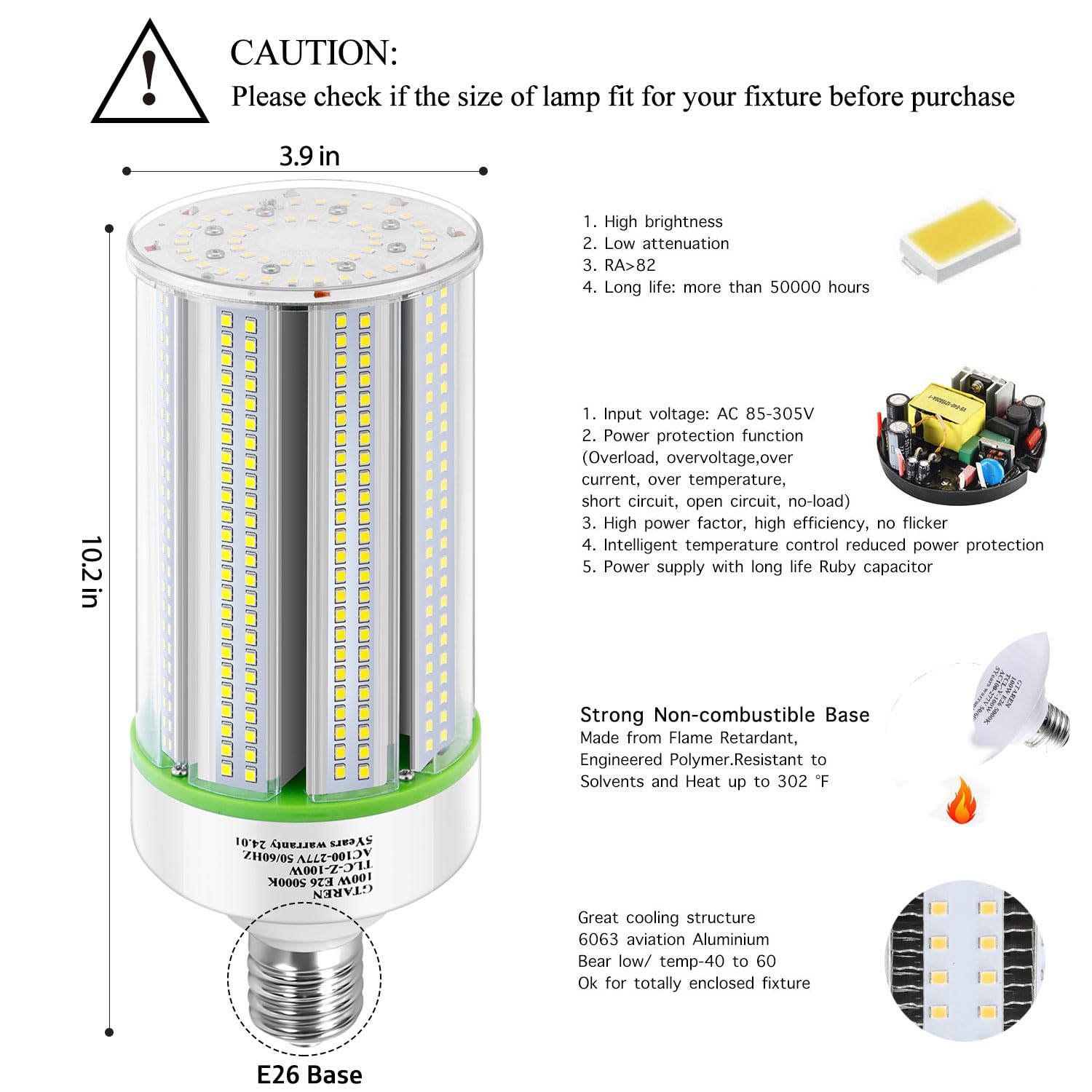 GTAREN 2-Pack 60W LED Corn Light Bulbs, Super Bright 5000K, E26/E39 for Warehouse, Gym, High Bay Fixture