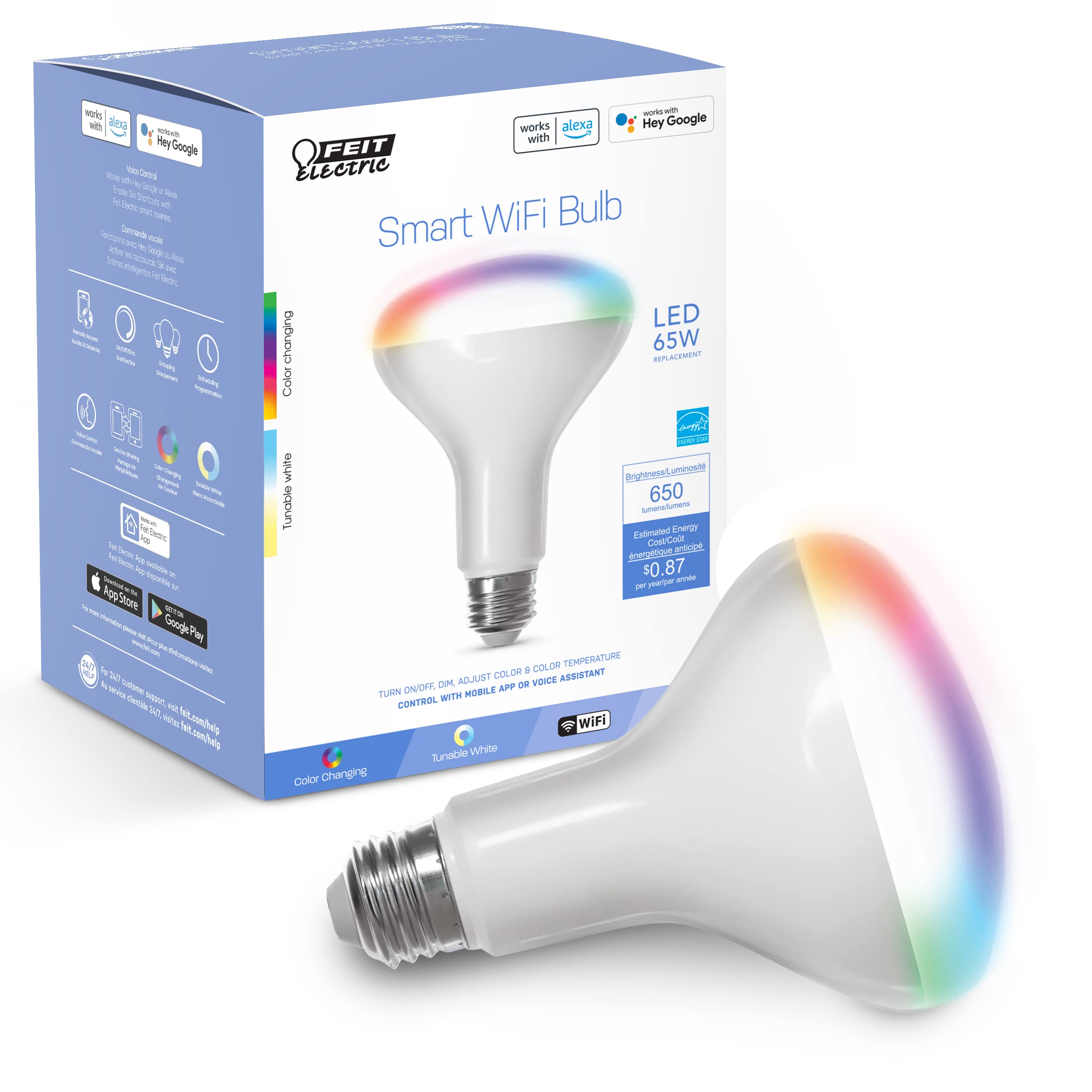 Feit Electric BR30 Smart Flood Light Bulb, WiFi Color Changing, Dimmable, 65W, RGBW, 1 Count