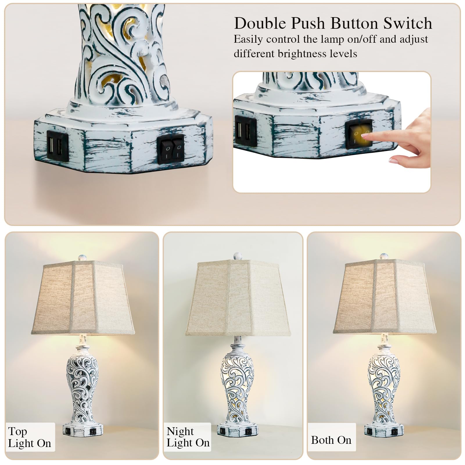 25'' Farmhouse Table Lamps Set Of 2 For Living Room Bedroom, 2 Usb Ports Rustic Vintage Nightstand Table Lamp With Nightlight, H