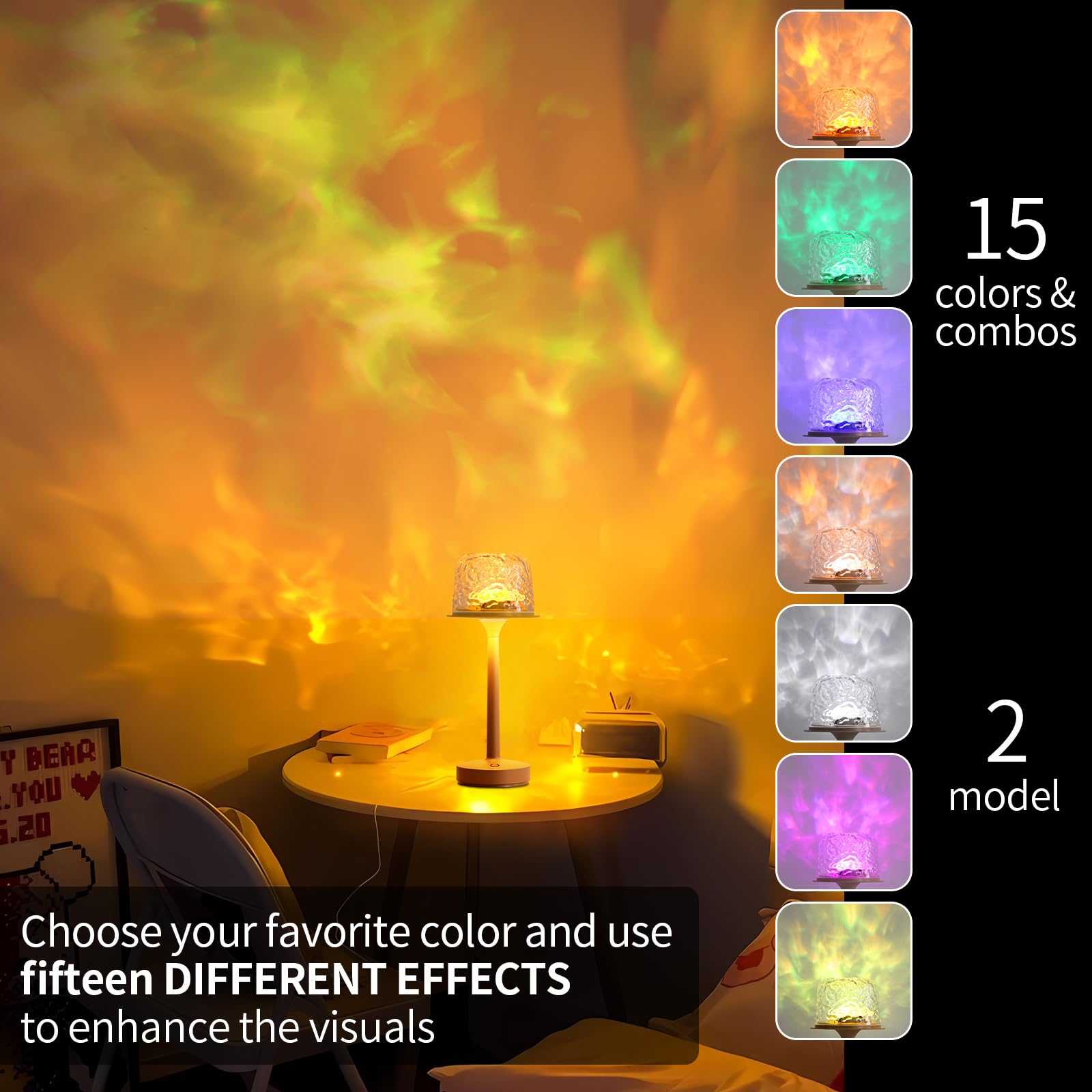 RGB Ocean Wave Projector Table Lamp, USB Rechargeable Cordless Night Light with Remote Control, Dimmable Touch Desk Lamp for Bed