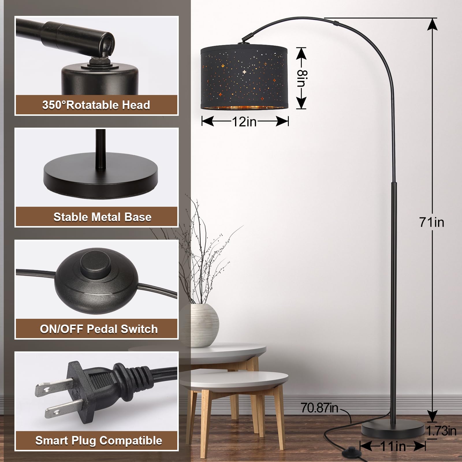 Modern Arc Floor Lamp, Tall Pole Lamp With Black Stars Lampshade, Arched Reading Light With Adjustable Lamp Head, Over Couch Han
