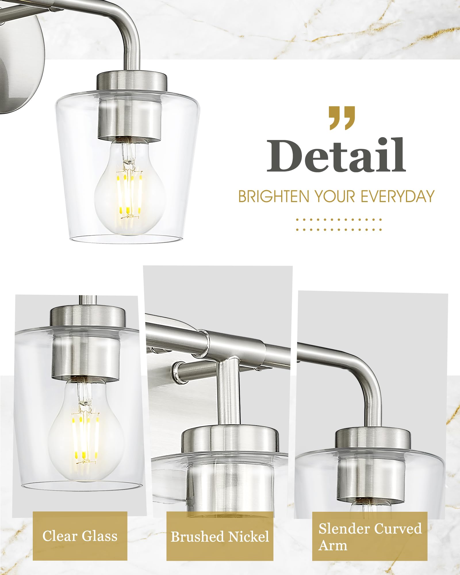 Audickic Bathroom Light Fixtures, 3-Light Brushed Nickel Vanity Lights Over Mirror With Clear Glass, Modern Vanity Lighting Fixtures, Ad-22004-3W-Sn-C