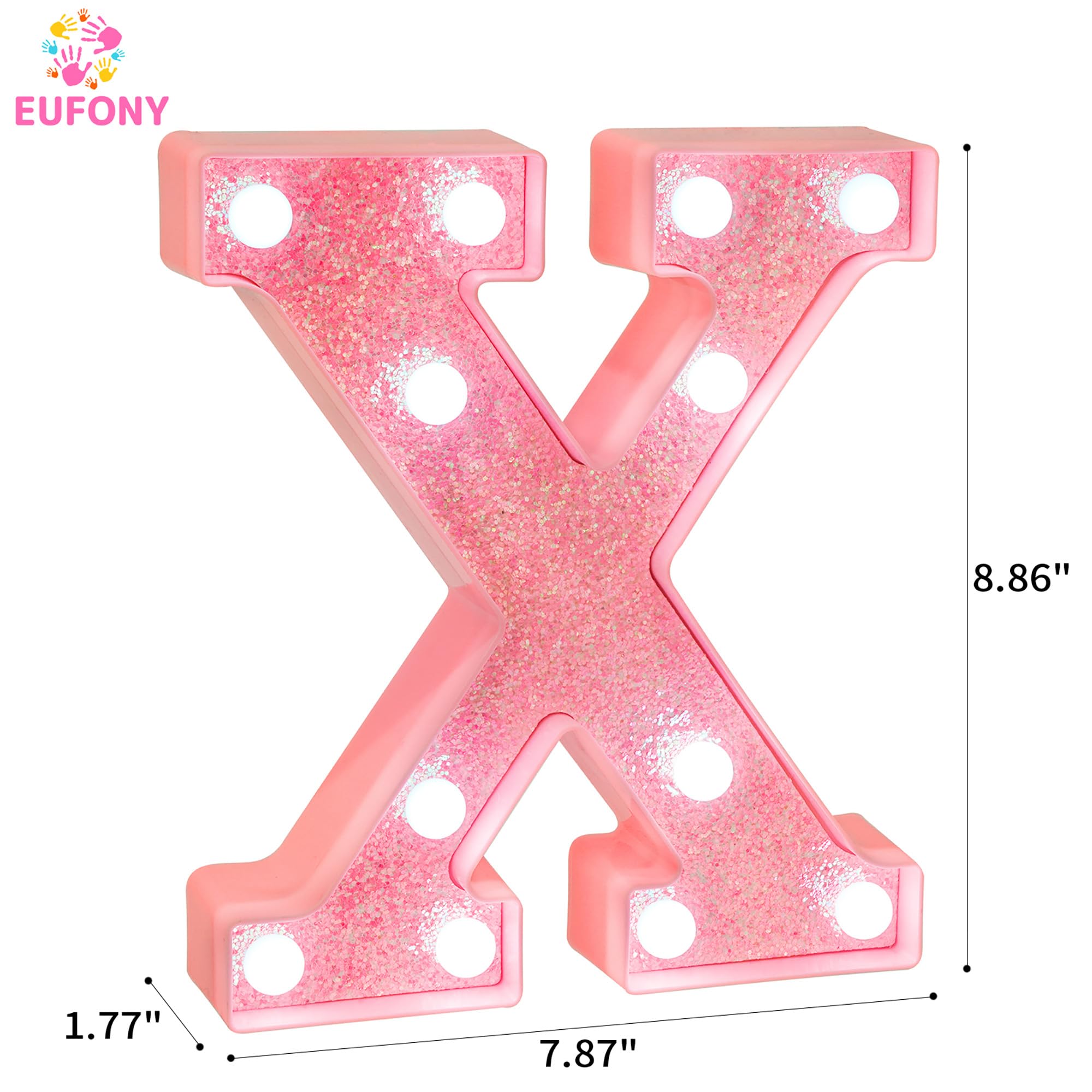 EUFONY Pink Glitter LED Marquee Light Up Letter X with Cool White Lights, Battery-Powered Alphabet Letter Sign for Girls Gift, B