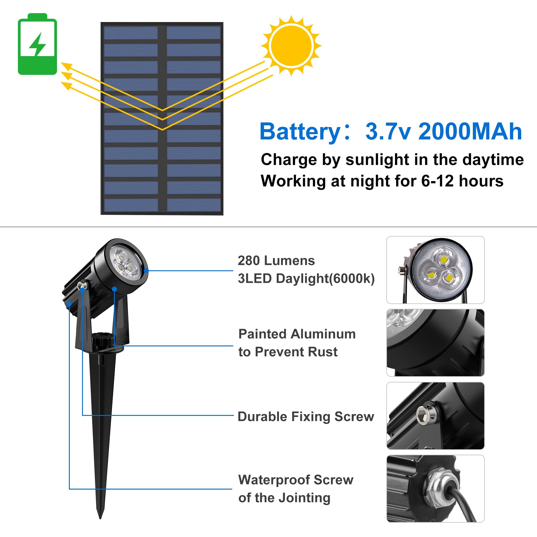 Crepow Solar Spot Lights Outdoor, Ip65 Waterproof, 6000K Cold White, 9.8Ft Cable, Auto On
