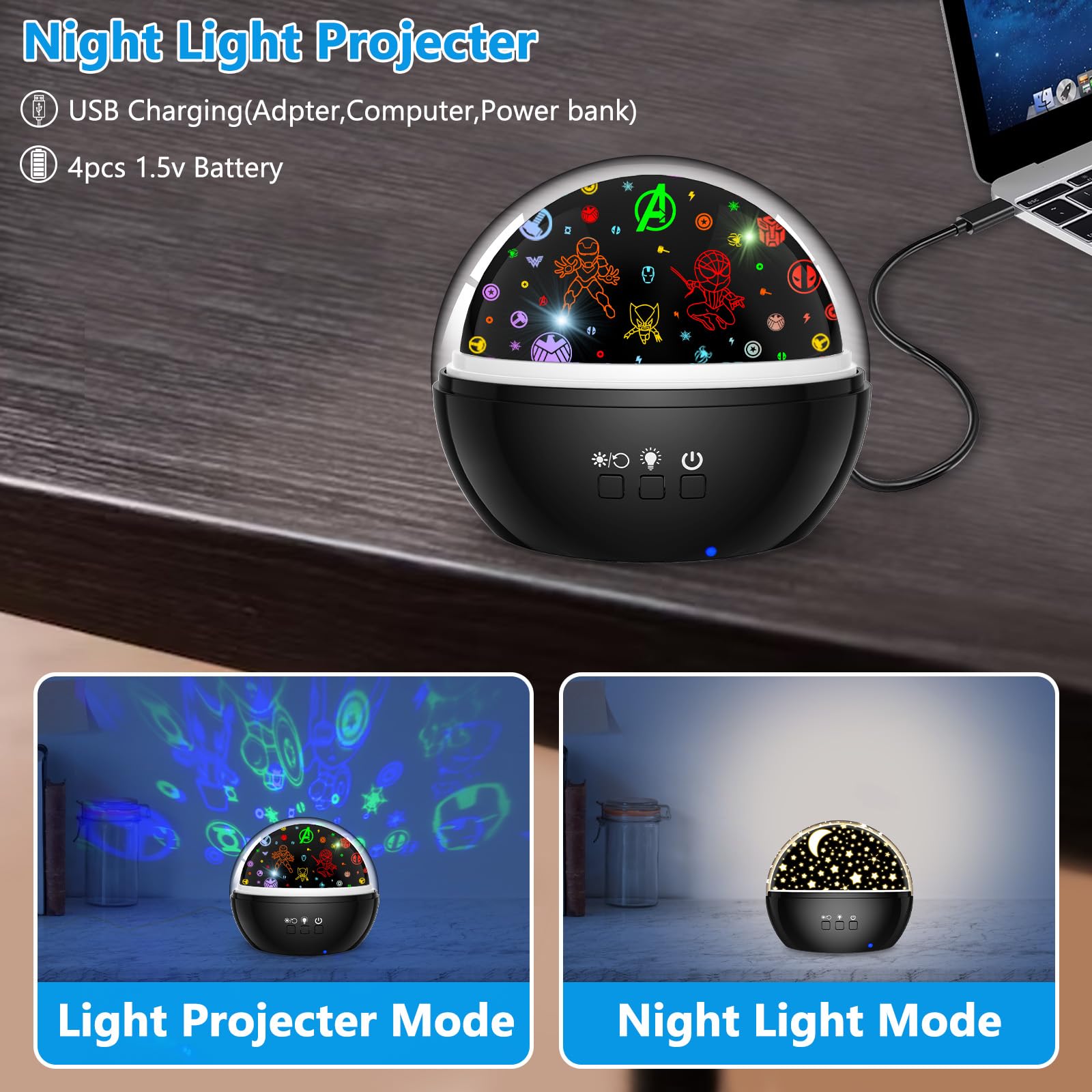 Superhero Night Light for Boys, Spiderman Projector Night Light for Kids, Star Projector Night Light for Room Decor, 360 Degree