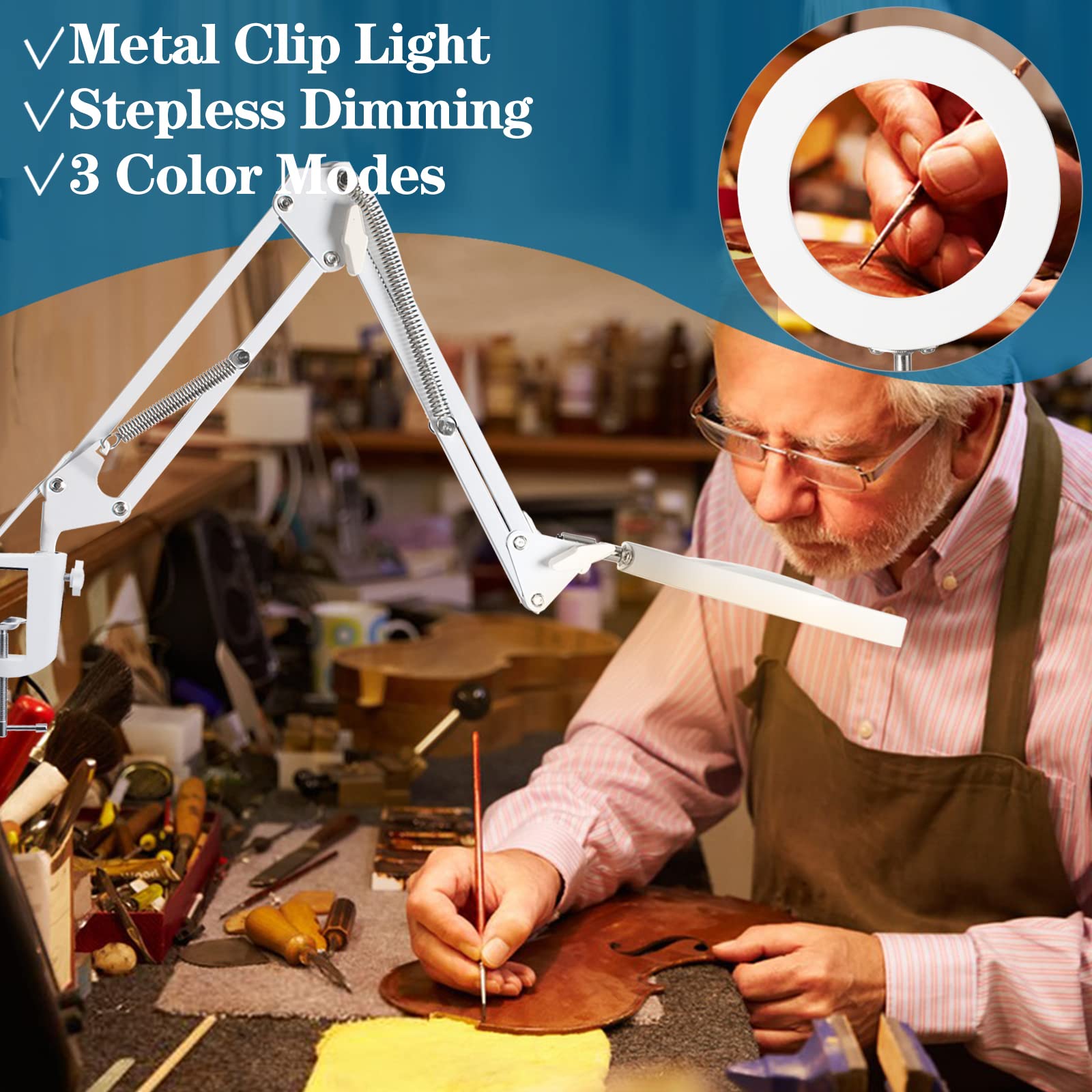 10X Magnifying Glass With Light, Hitti 1,800 Lumens Stepless Dimmable, 3 Color Modes, 4.2 Real Glass Lens Led Magnifying Desk Lamp & Clamp, Magnifier Light And Stand For Crafts Close Work-White