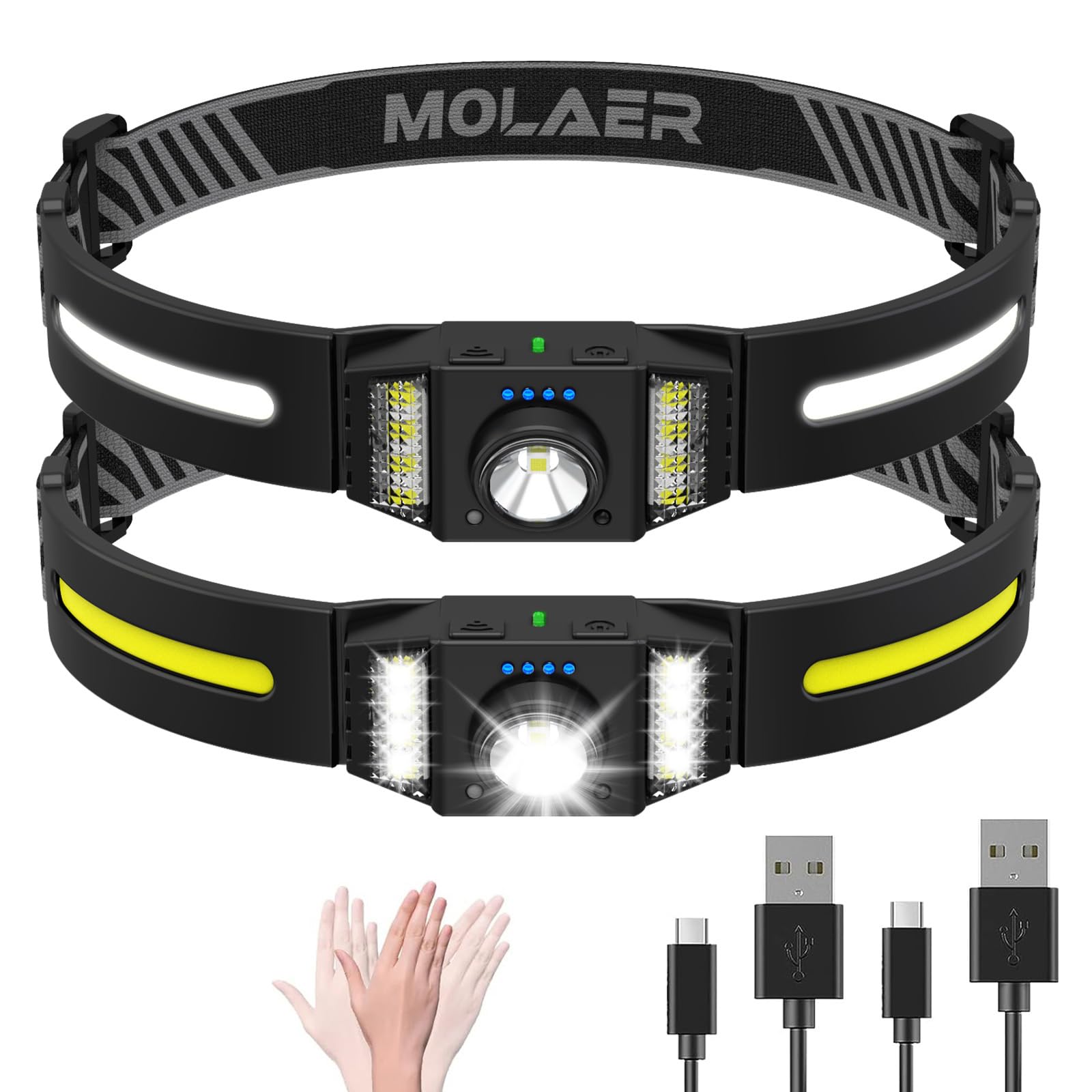 MOLAER LED Headlamp Rechargeable 2PCS, Wide Beam Bright Headlight Flashlight with White Red Light, Lightweight, Weatherproof, 9 