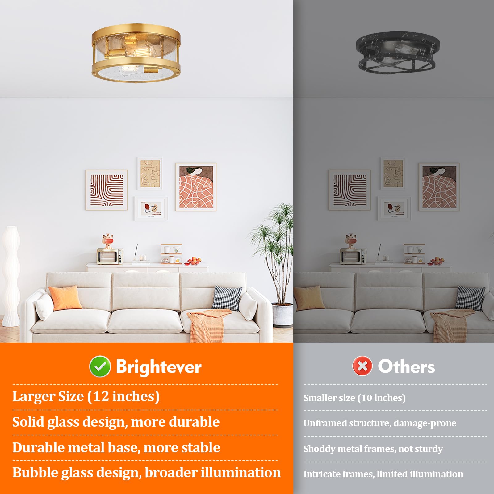 2-Light Gold Close To Ceiling Light Fixture, Farmhouse Light Fixture With Seeded Glass Lampshade, Industrial Flush Mount Ceiling