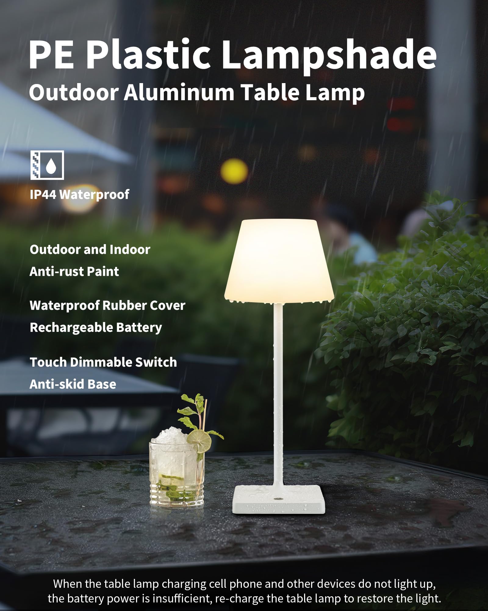 Newsee 14.5'' Small Cordless Touch Table Lamp White, Waterproof Shower Lamp Set Of 2, 4000Mah Rechargeable Battery Powered Dimma