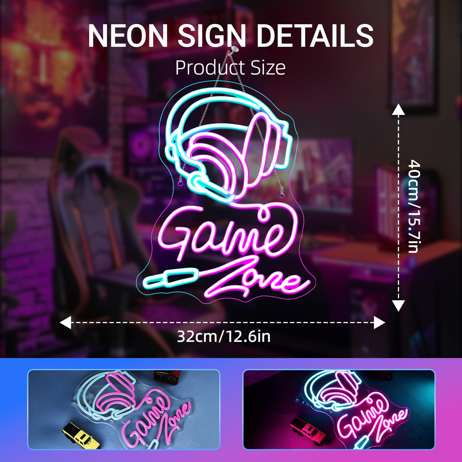 gamerneon Neon Sign for Wall Decor, LED Light, Acrylic, 12.59in x 15.75in, Colorful, Game Zone Design