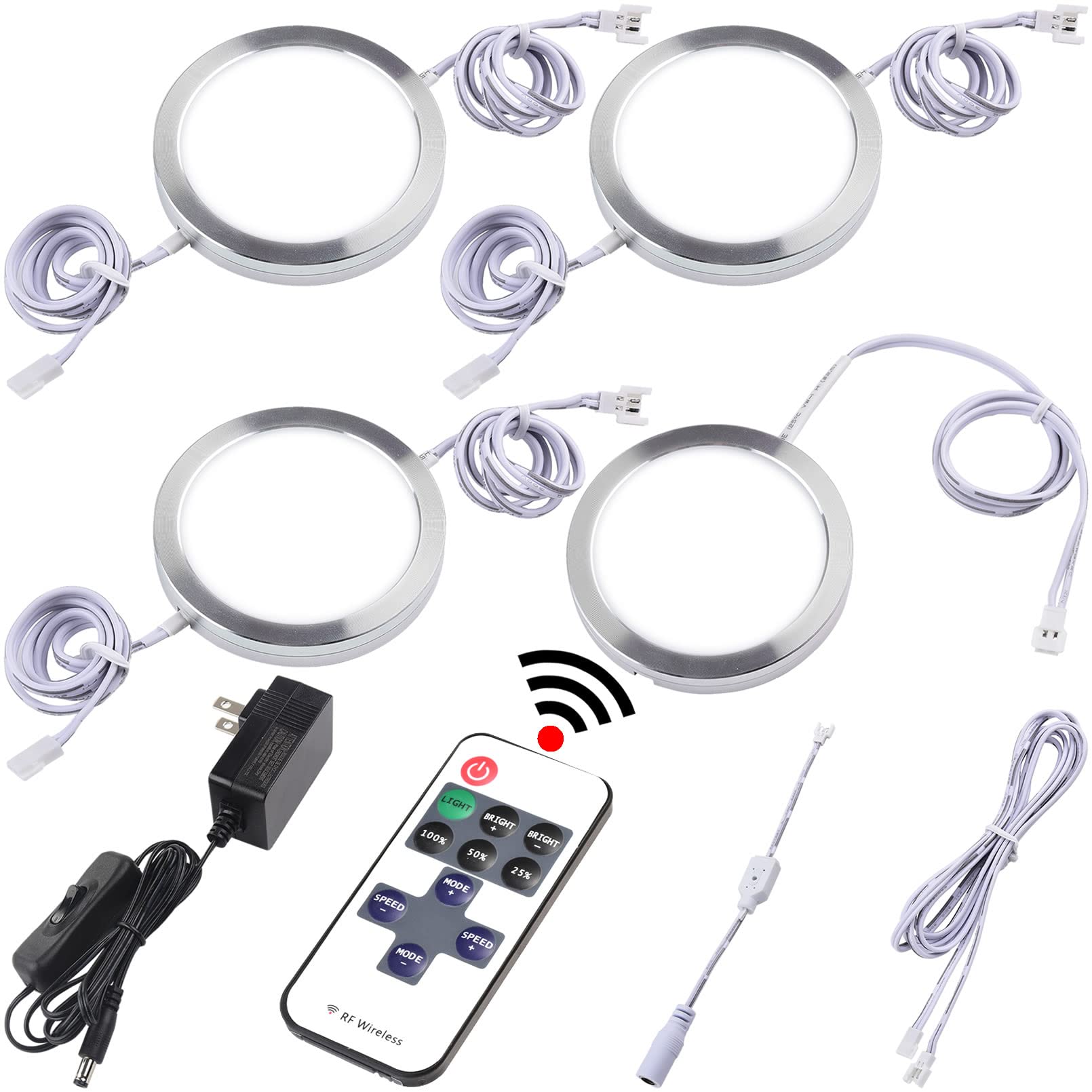 Lvyinyin LED Puck Lights Kit, 120V Wired, Dimmable, RF Remote, Daisy Chain, Daylight 6000K, 4 Lights