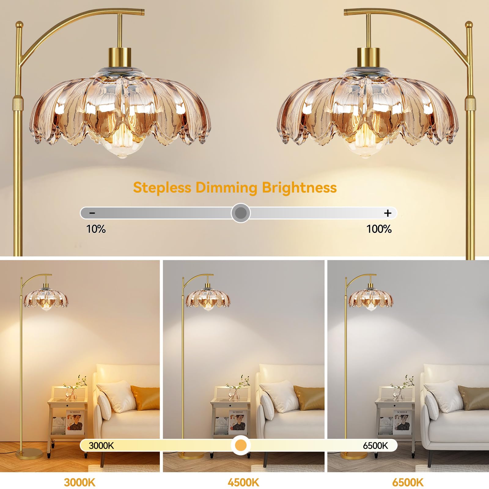 Arc Floor Lamp For Living Room Gold Floor Lamp With Remote Control Dimmable Floor Lamps With Glass Lampshades Mid Century Modern Standing Lamp Tall Vintage Flower Floor Lamps For Bedroom Corner