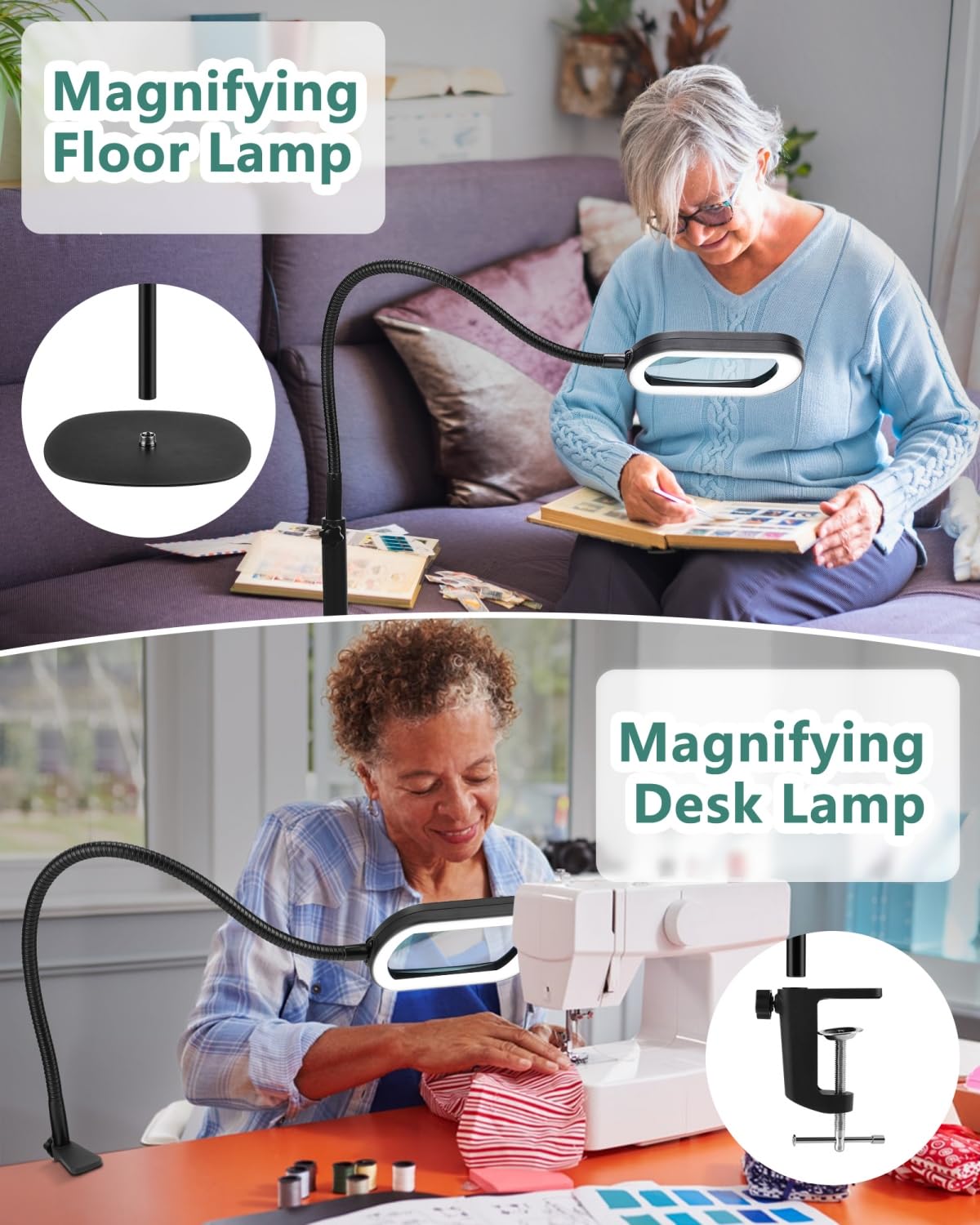 IVMAIE 10X Magnifying Glass with Light, 24" Gooseneck Floor Lamp, 5 Color Modes, Metal, Black, Model 602FLG