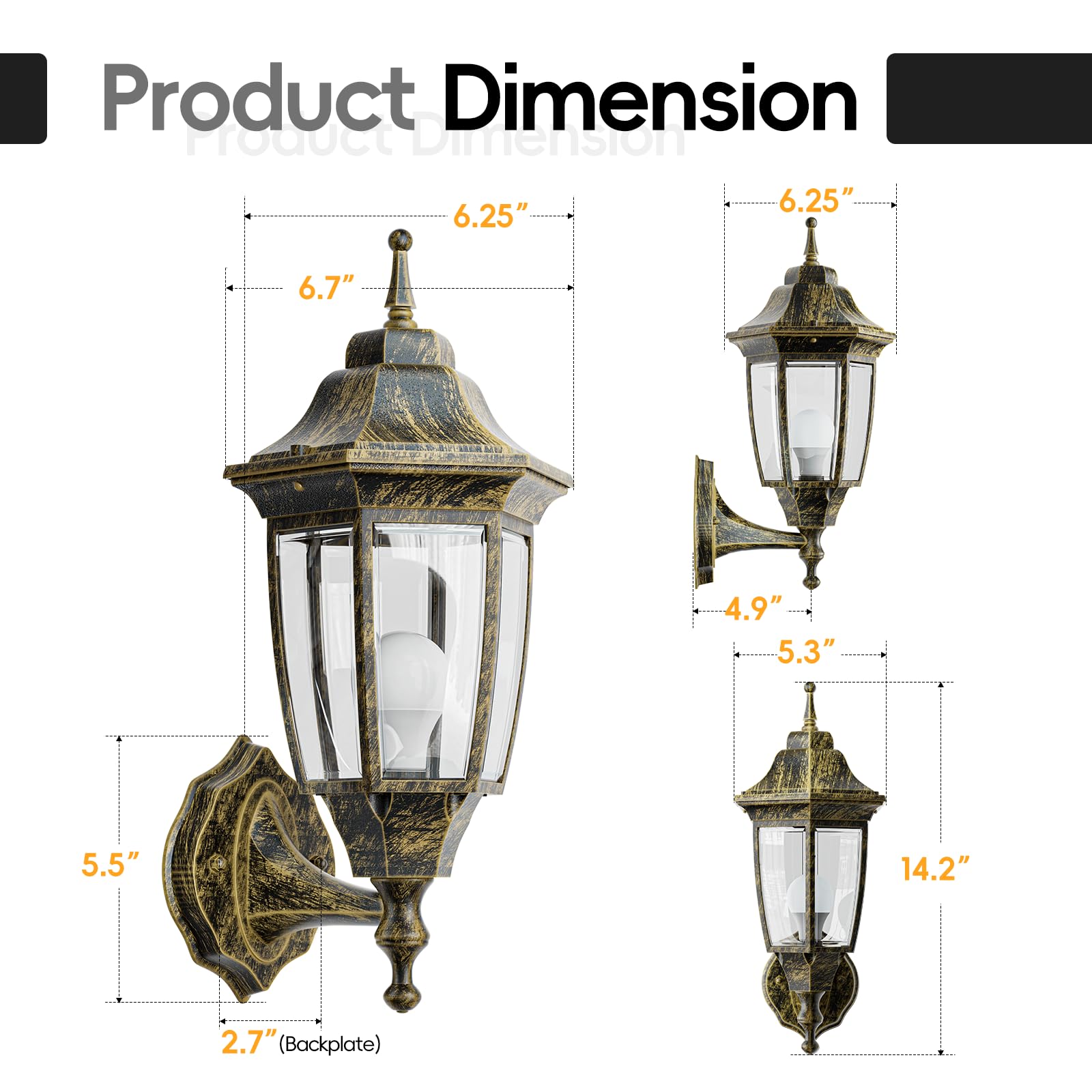 EMART Outdoor Wall Lamp Sconce, Waterproof Aluminum & Glass, 1 Pack, Gold, Model EM-AGGL-1