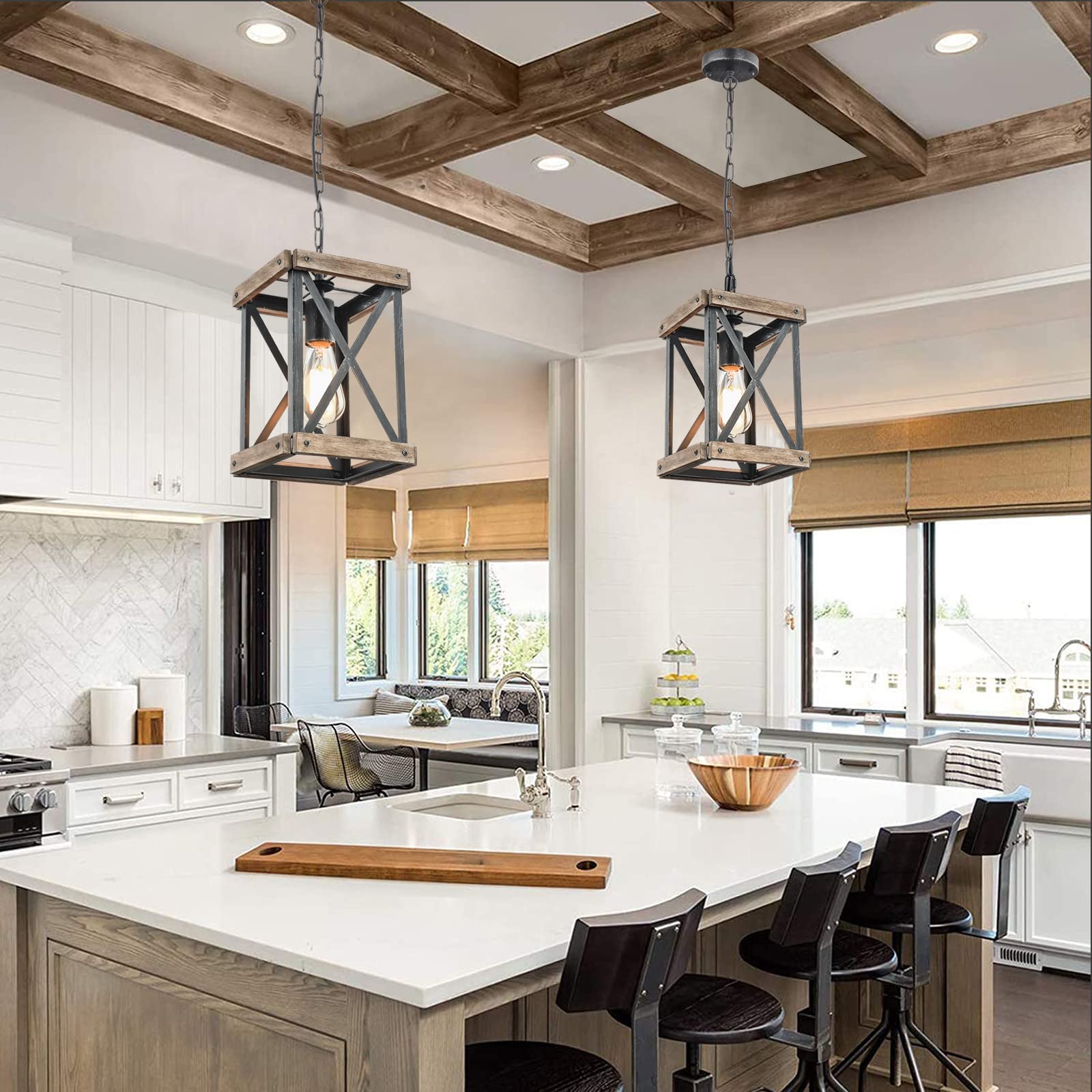 Wochos Farmhouse Pendant Light, Adjustable Metal And Wood Chandelier Light Fixture, Rustic Pendant Lighting For Kitchen Island, Bedroom, Dining Room And Entryway (Brown), 2 Pack