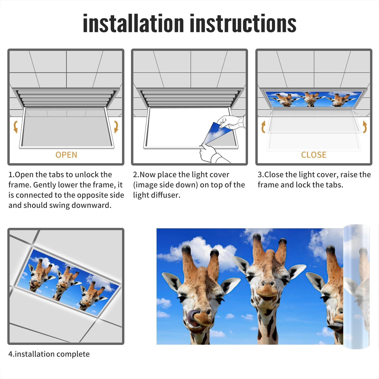 FALE QTUOM Fluorescent Light Covers - Funny Giraffe Design, 4x2 Feet, Polymer, 2 Pcs for Classroom, Office, Home