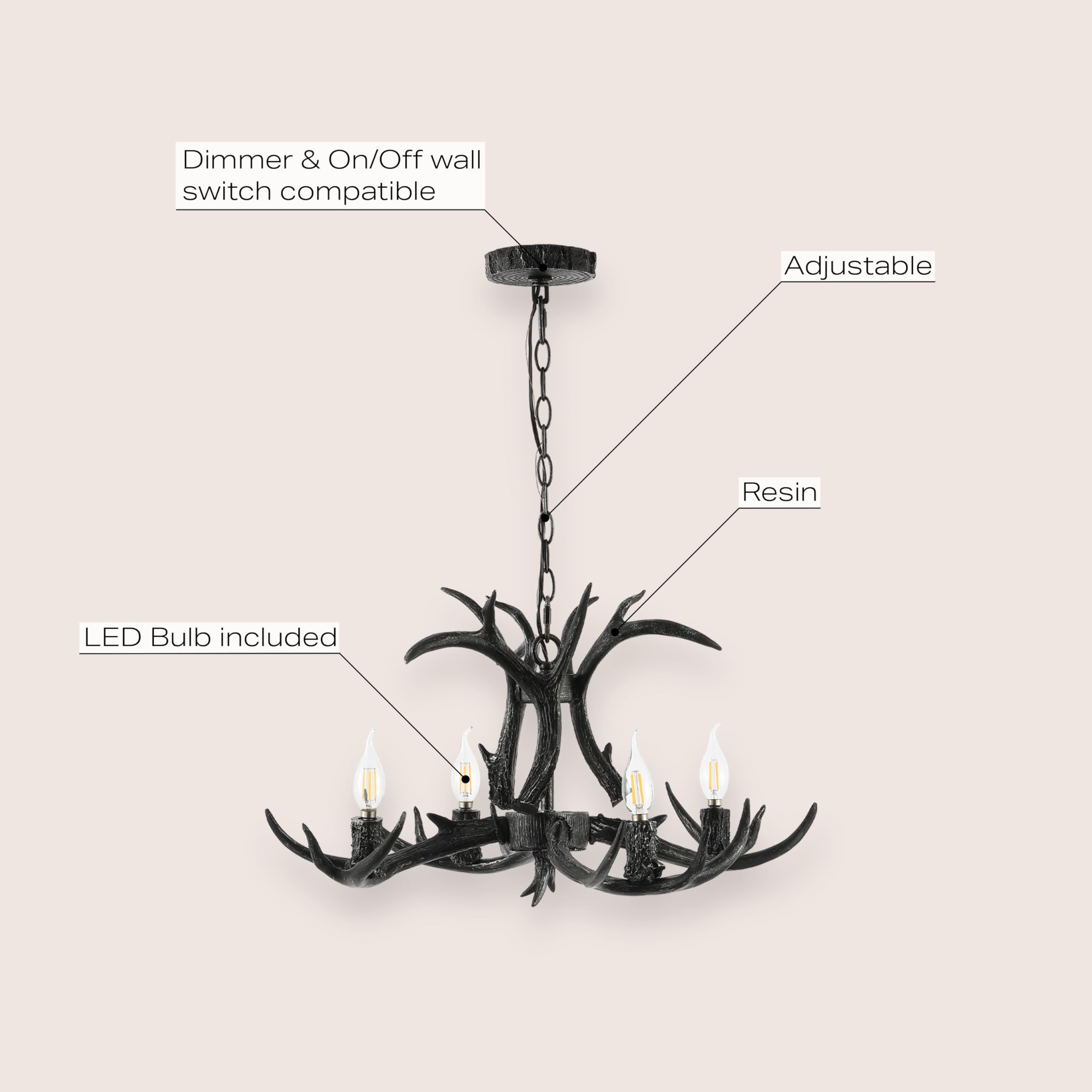 Jonathan Y Jyl6301D Eldora 26'' Adjustable Resin Antler 4-Light Led Chandelier, Black For Living Room, Dining Room