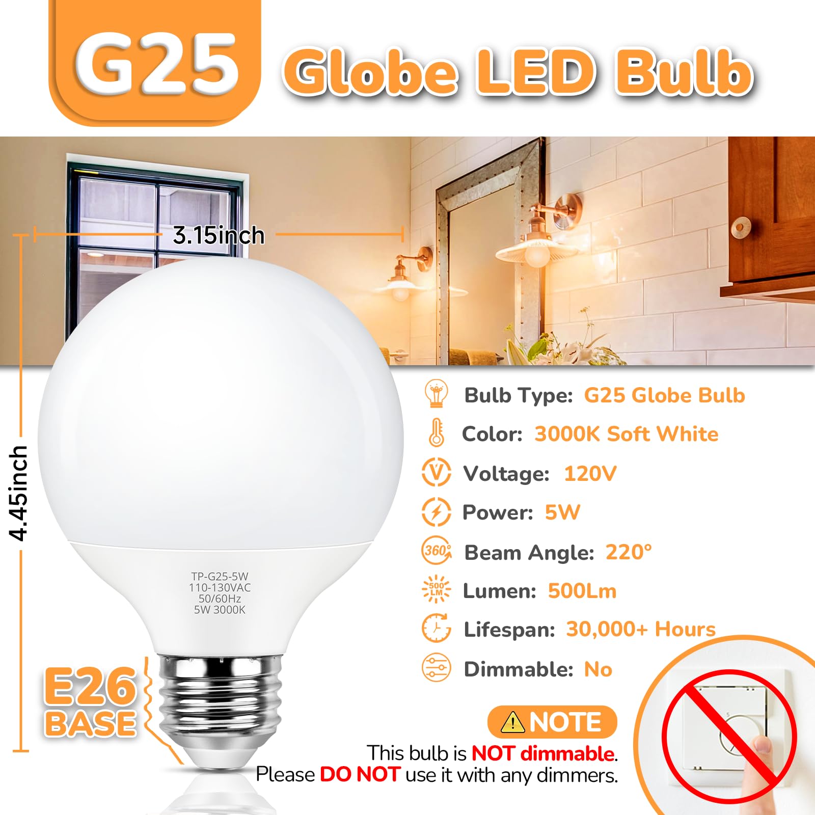 Maxvolador G25 Led Globe Light Bulb 60W Equivalent, Soft White 3000K E26 Vanity Round Bulbs For Bathroom Makeup Mirror, Non-Dimm